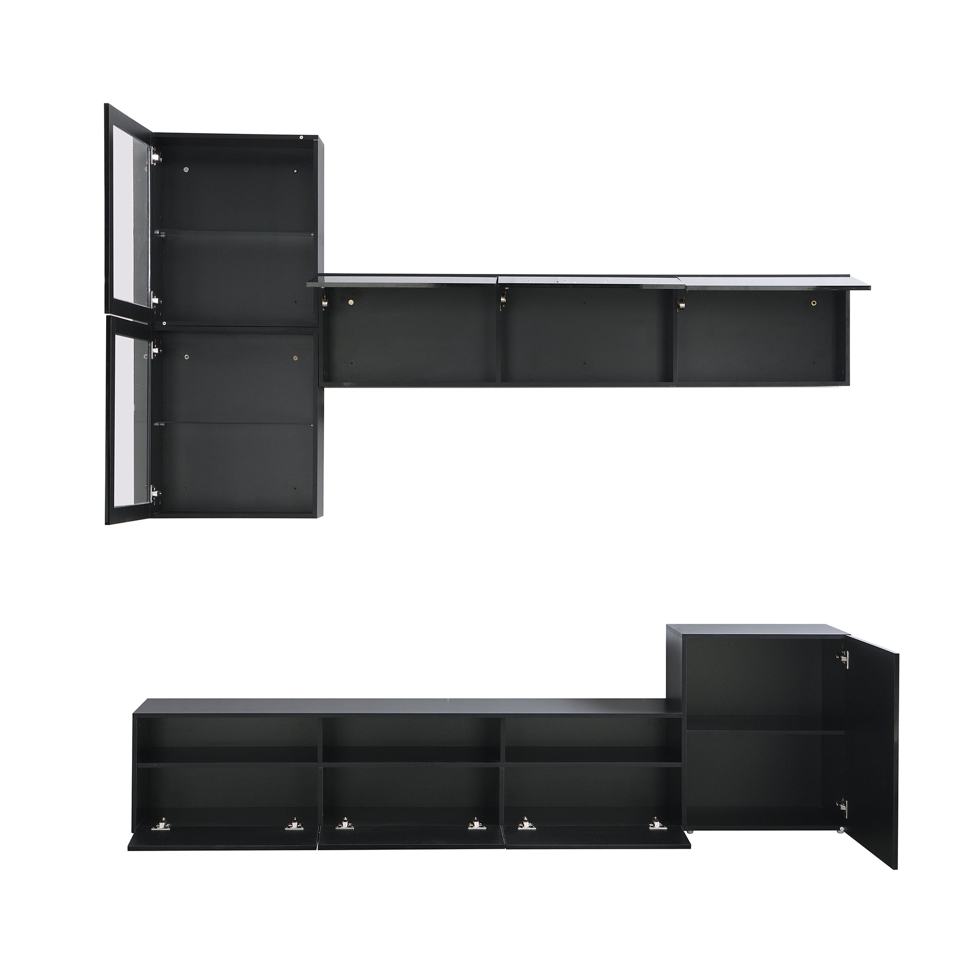 High Gloss Tv Stand With Large Storage Space, Media Console For Tvs Up To 78", Versatile Entertainment Center With Wall Mounted Floating Storage Cabinets For Living Room, Black Black Primary Living Space 70 79 Inches 70 79 Inches Mdf