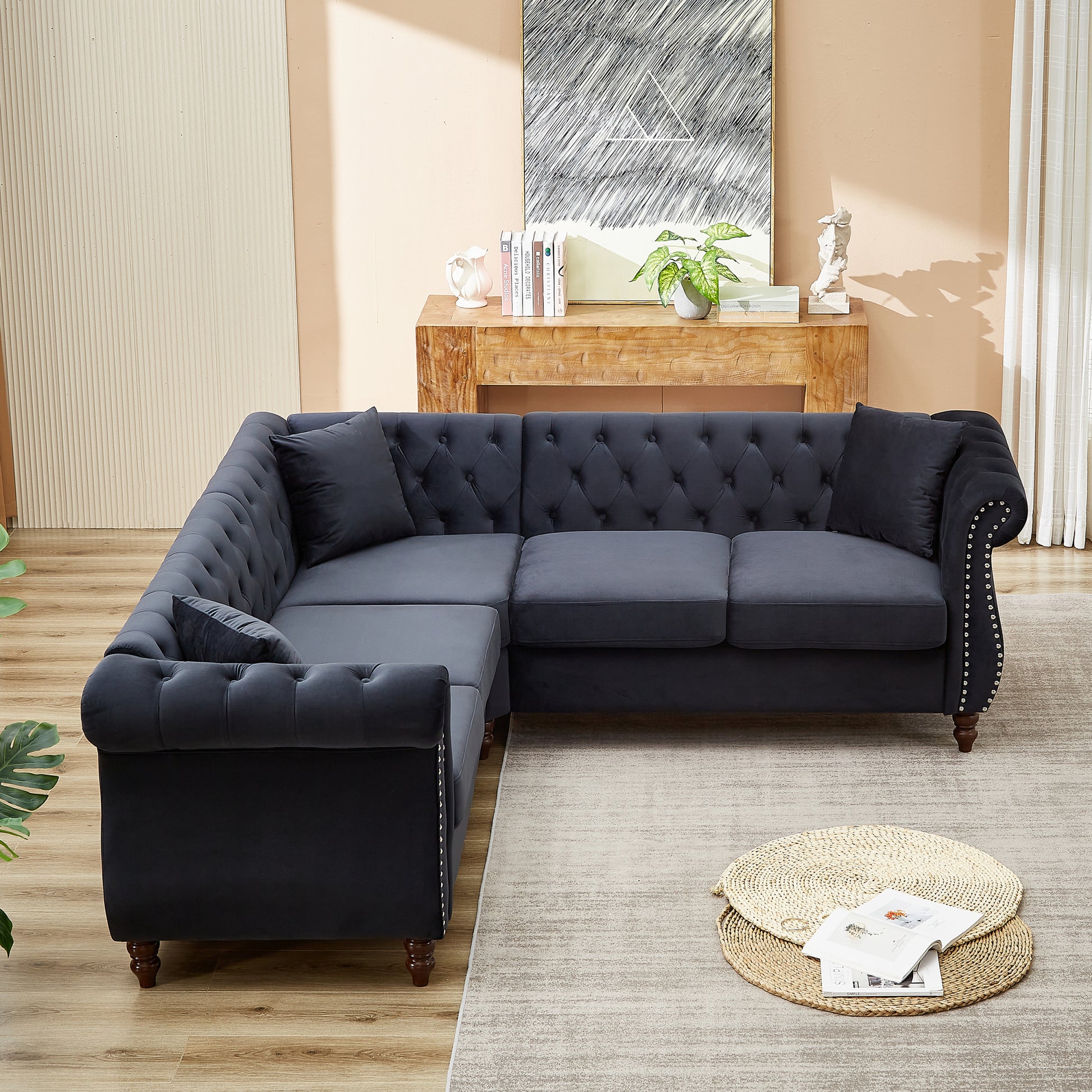 83.5 Inch Oversized Corner Sofa, L Shaped Sectional Couch,5 Seater Corner Sofas With 3 Pillows For Living Room, Bedroom, Apartment, Office Black Foam Velvet