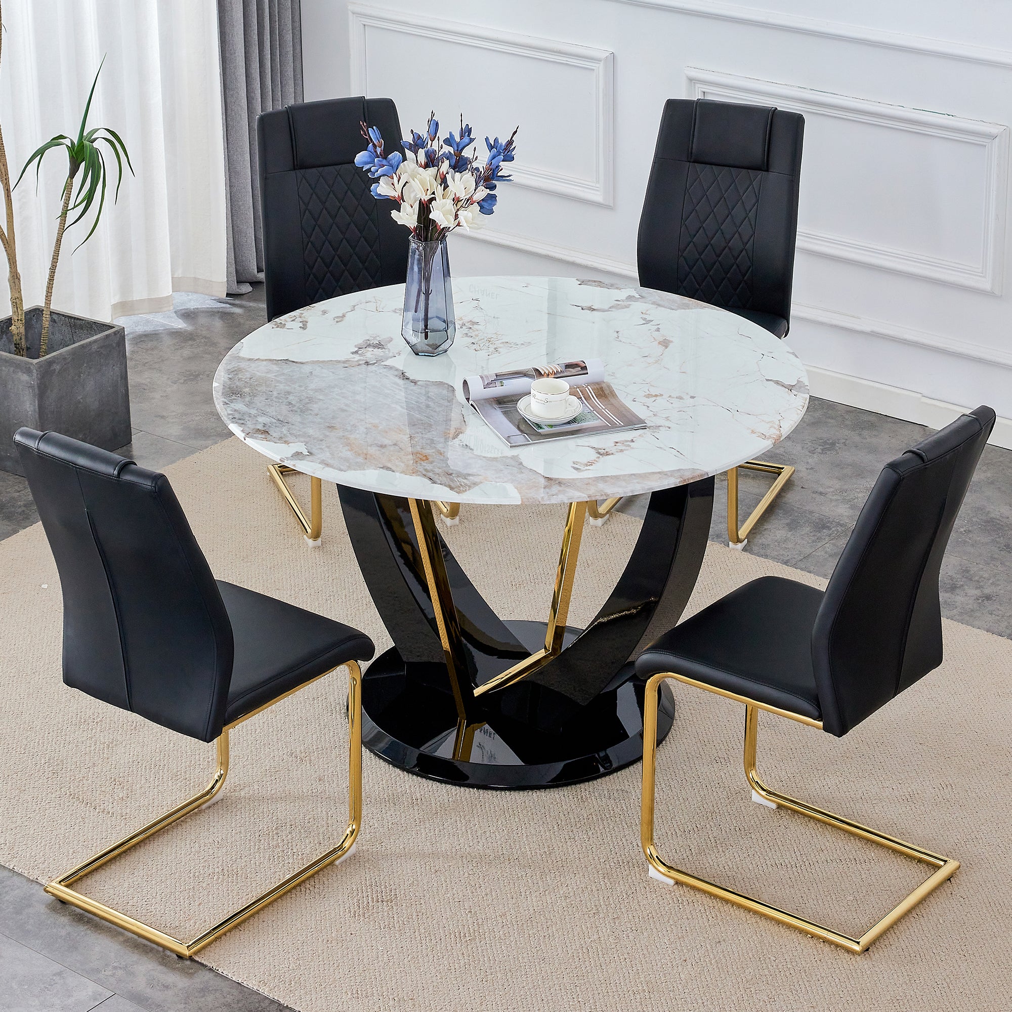 Table And Chair Set. 1 Table And 4 Chairs. Round Pandora Style Stone Burning Tabletop With Black Mdf Legs. Paired With 4 Chairs With Pu Black Cushions And Golden Legs.908 001 White Sintered Stone