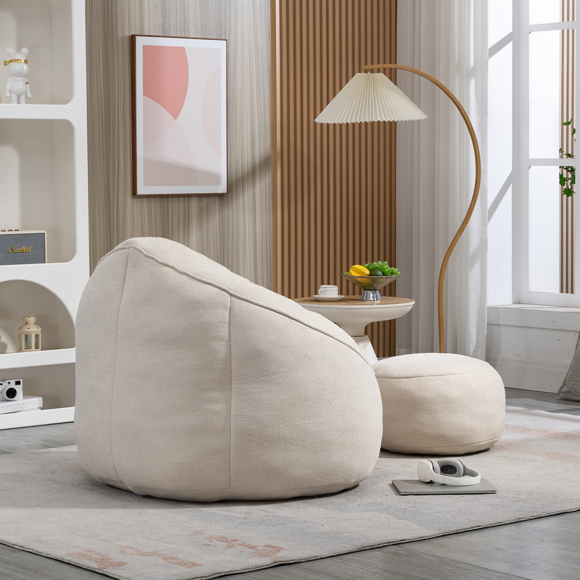 Bedding Bean Bag Sofa Chair High Pressure Foam Bean Bag Chair Adult Material With Padded Foam Padding Compressed Bean Bag With Footrest Beige Microfiber