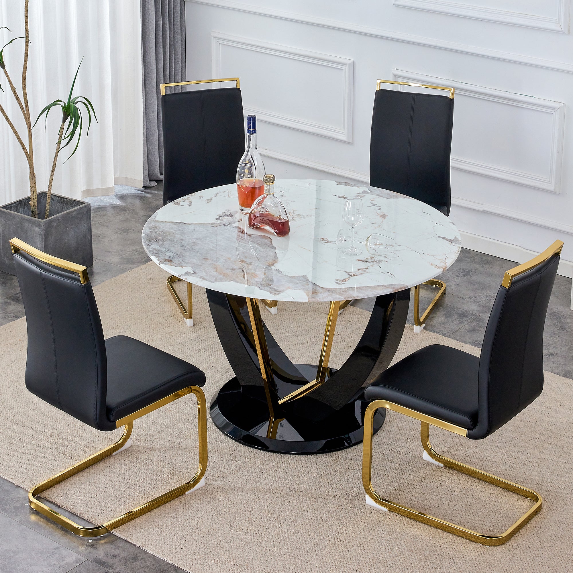 Table And Chair Set. 1 Table And 4 Chairs. Round Pandora Style Stone Burning Tabletop With Black Mdf Legs. Paired With 4 Chairs With Pu Black Cushions And Golden Legs.908 1162 White Sintered Stone