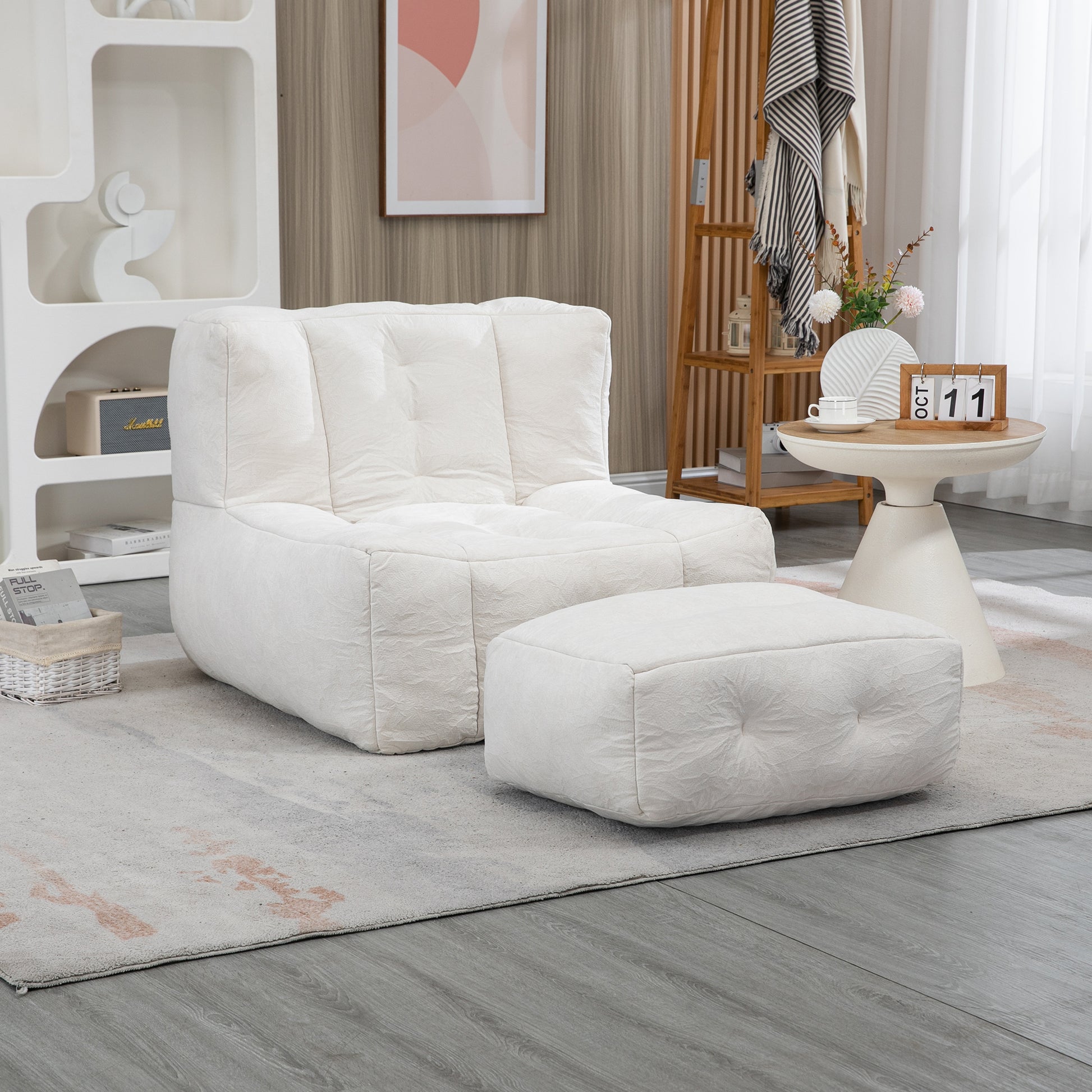 Fluffy Bean Bag Chair, Comfortable Bean Bag For Adults And Children, Super Soft Lazy Sofa Chair With Memory Foam And Ottoman, Indoor Modern Focus Bean Bag Chair For Living Room, Bedroom, Apartment White Velvet