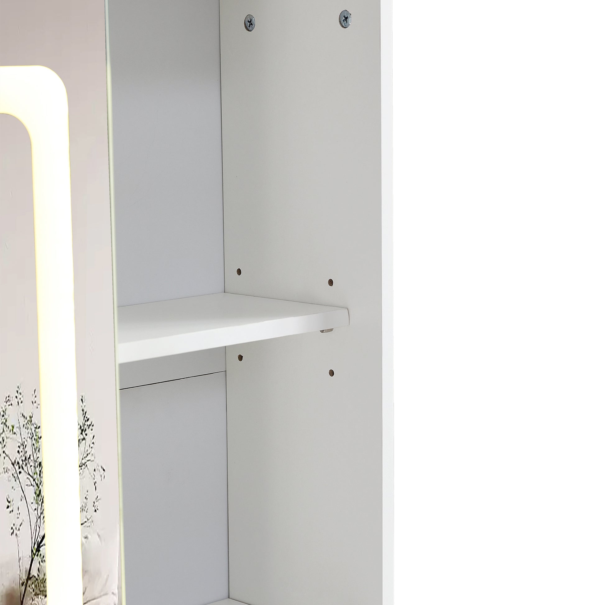 Vanity Table With Large Sliding Lighted Mirror, Dressing Table With 2 Drawers, Storage Shelves And Upholstered Stool, White Color Antique White Particle Board