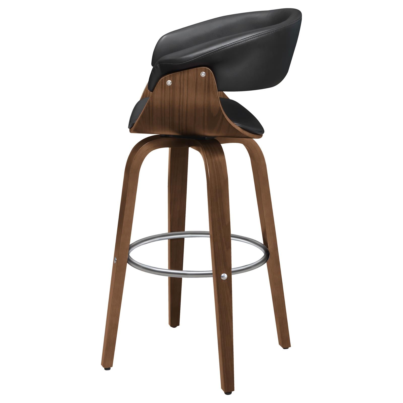 Walnut And Black Swivel Bar Stool Solid Walnut Brown Dining Room Foam Spot Clean Mid Century Modern Bar Stools Walnut Open Back Foam Faux Leather