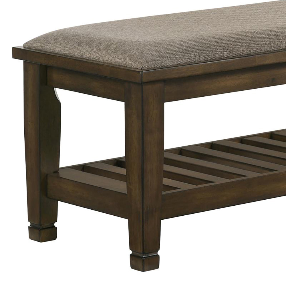 Brown and Burnished Oak Upholstered Bench with