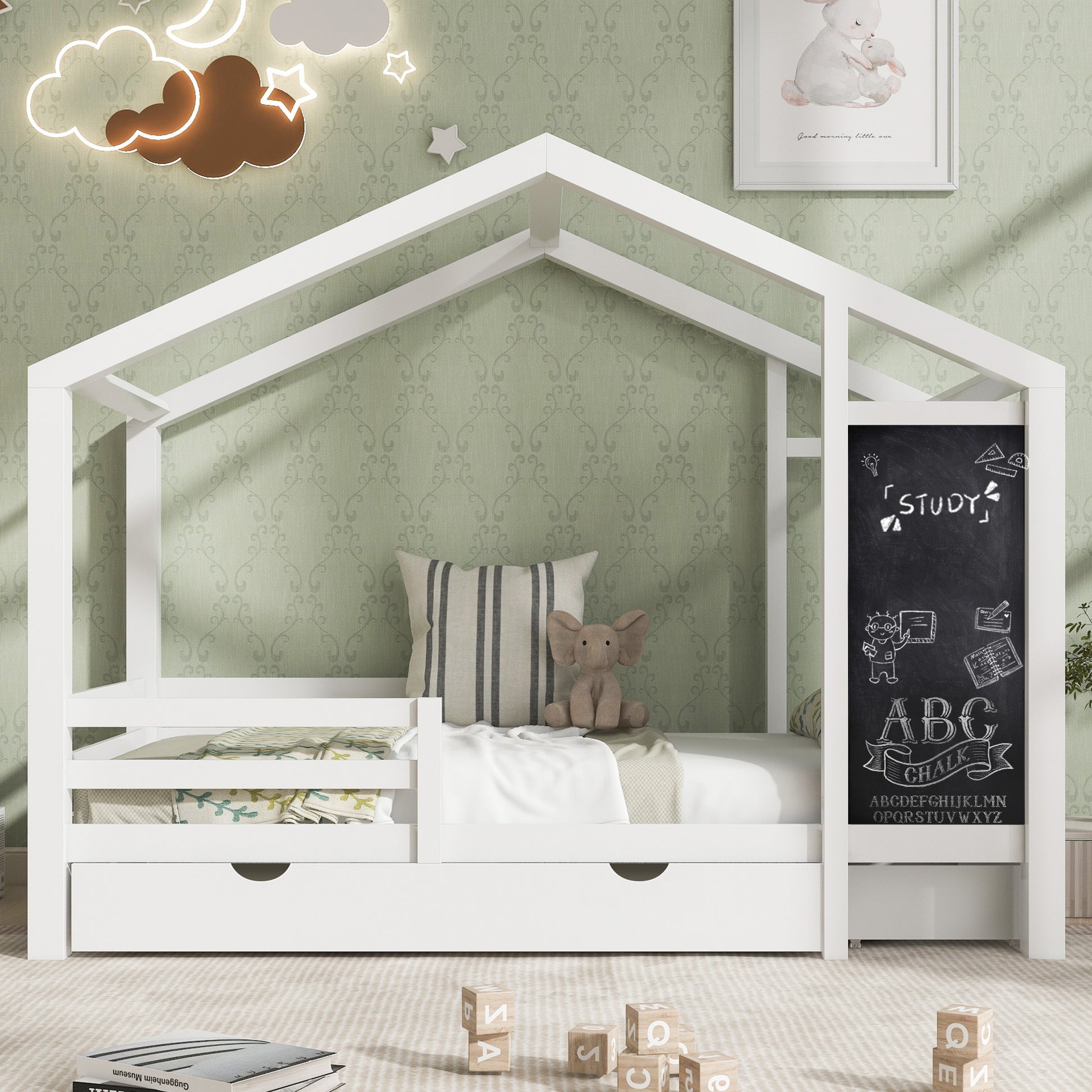 Full House Bed With Blackboard And Drawers, Two Assembly Options, White Full White Wood