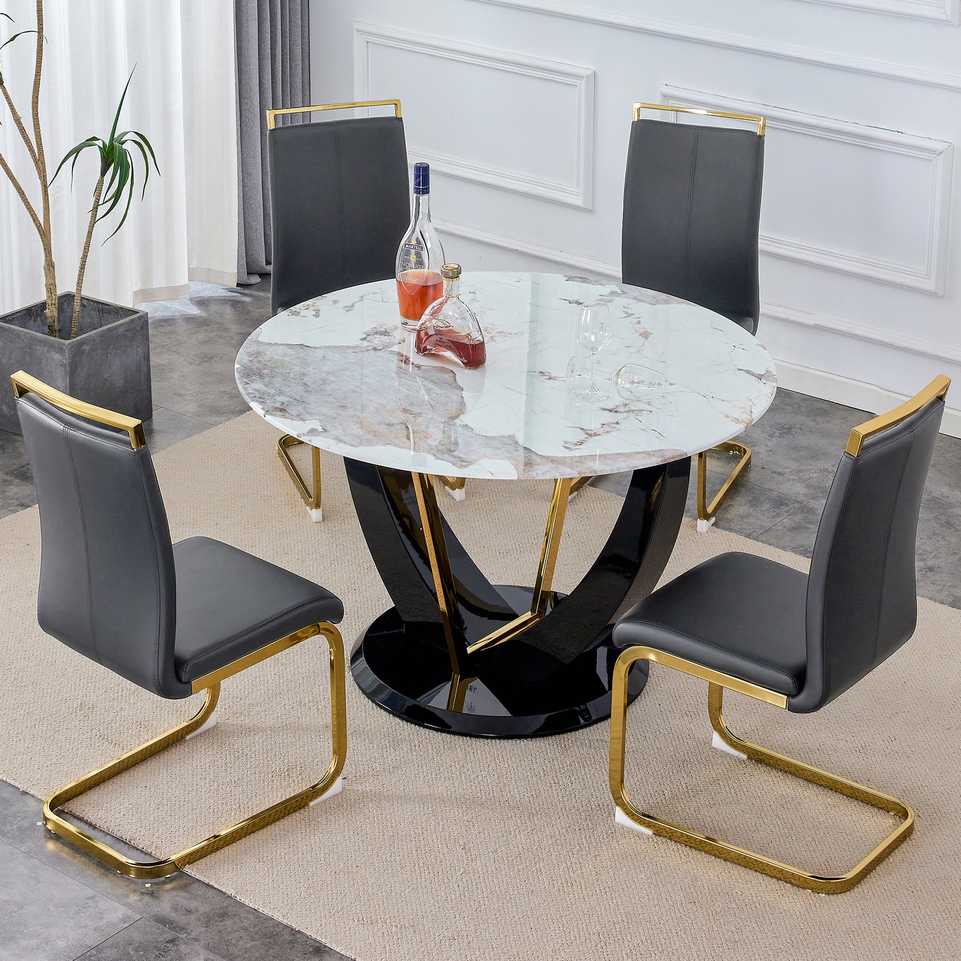 Table And Chair Set. 1 Table And 4 Chairs. Round Pandora Style Stone Burning Tabletop With Black Mdf Legs. Paired With 4 Chairs With Pu Dark Gray Cushions And Golden Legs.908 1162 White Sintered Stone