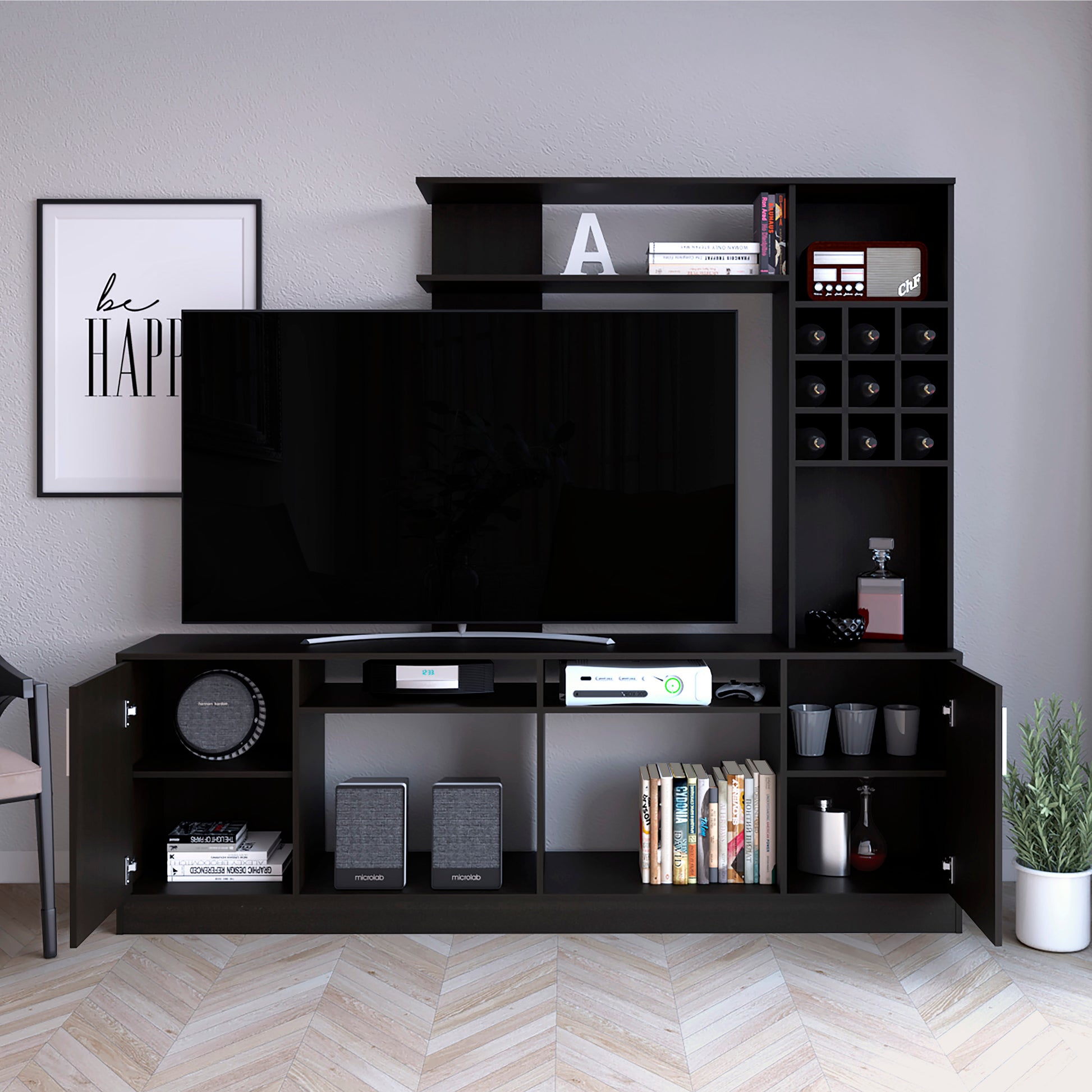 Entertainment Center Modoc, Living Room, Black Black 60 69 Inches Particle Board Particle Board