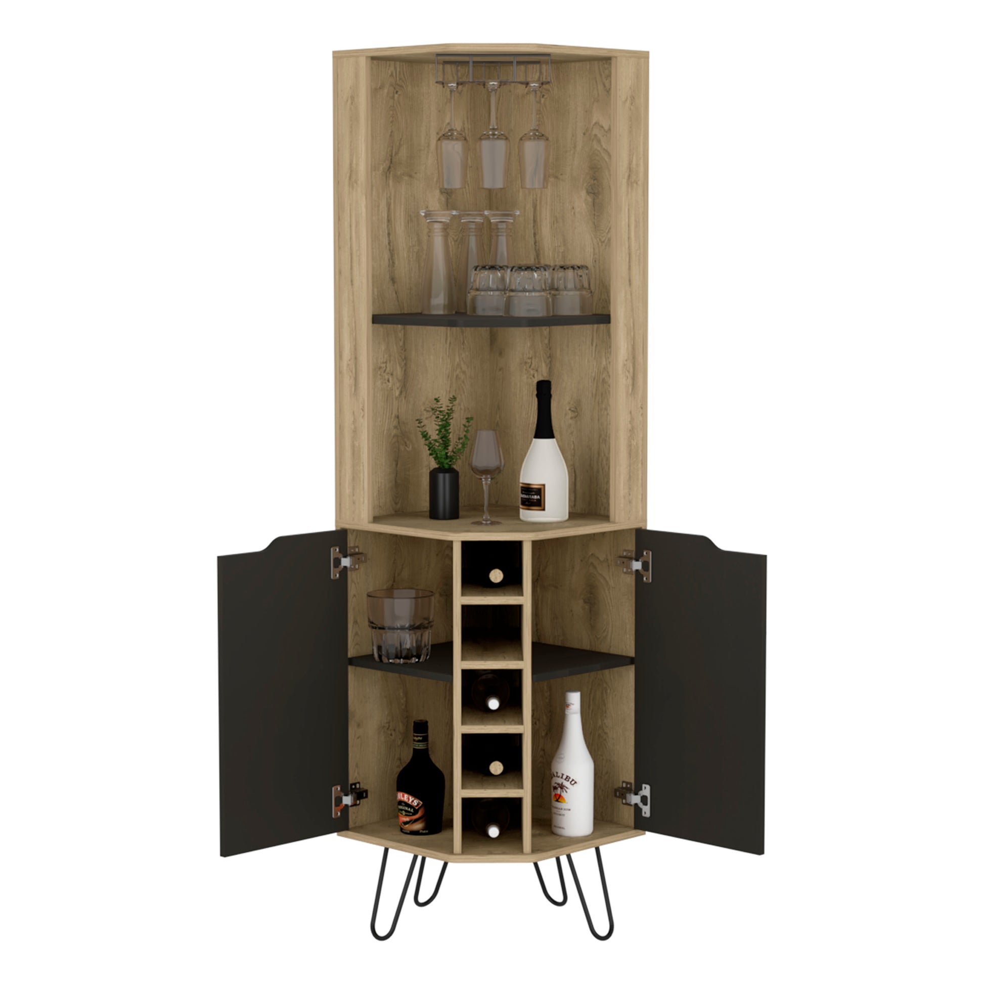 Corner Bar Cabinet Leverkusen, Living Room, Aged Oak Black Multicolor Particle Board Particle Board