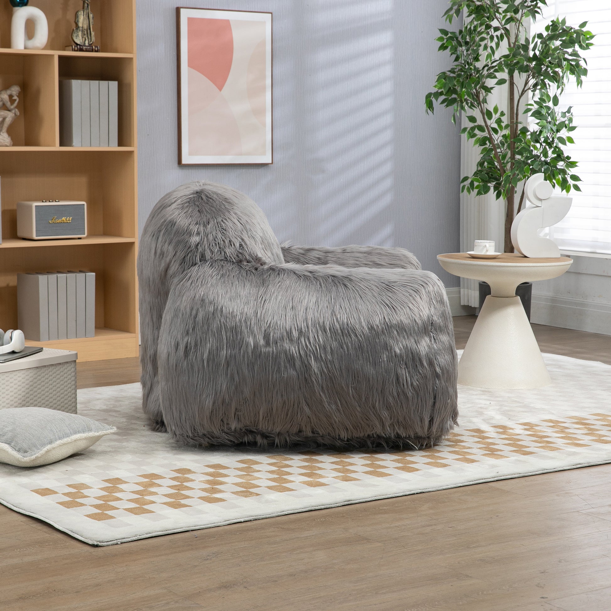 Bean Bag Chair Lazy Long Hair Sofa Bean Bag Chair Adult, Teen High Density Foam Filled Modern Focus Chair Comfortable Living Room, Bedroom Chair Grey Faux Fur