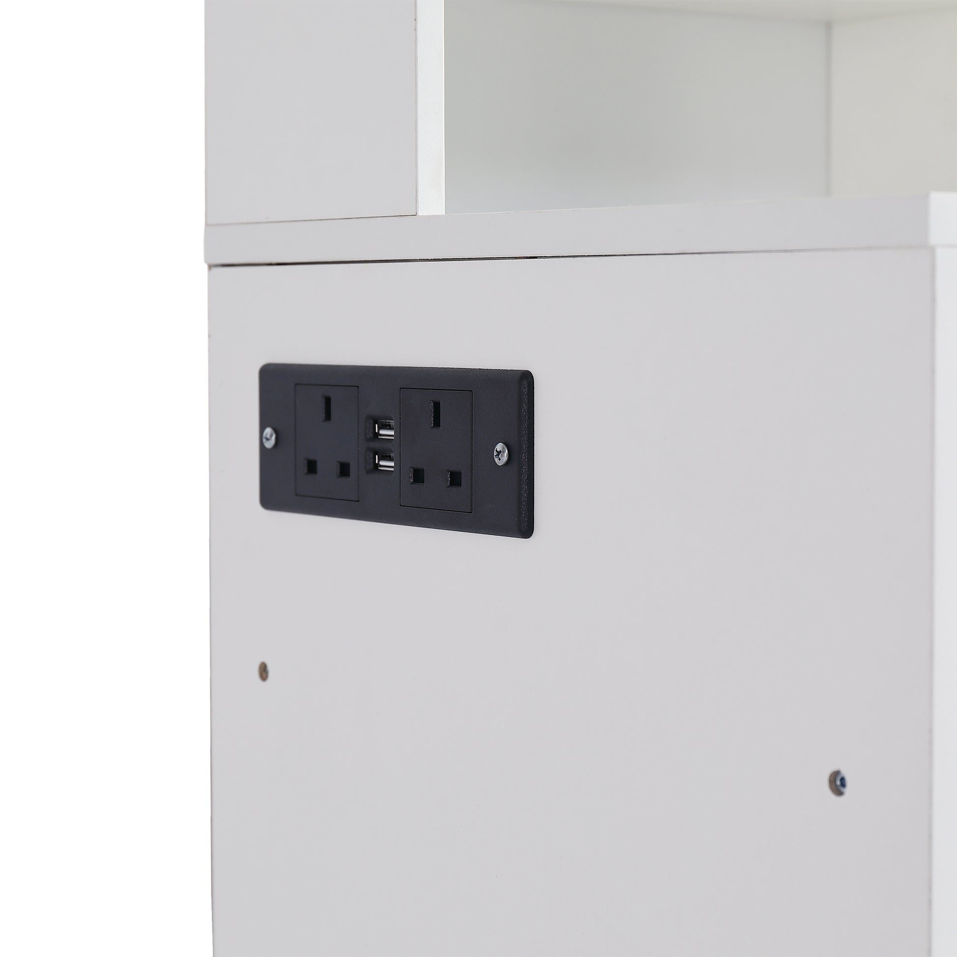 Vanity Table With Large Sliding Lighted Mirror, Dressing Table With 2 Drawers, Storage Shelves And Upholstered Stool, White Color Antique White Particle Board