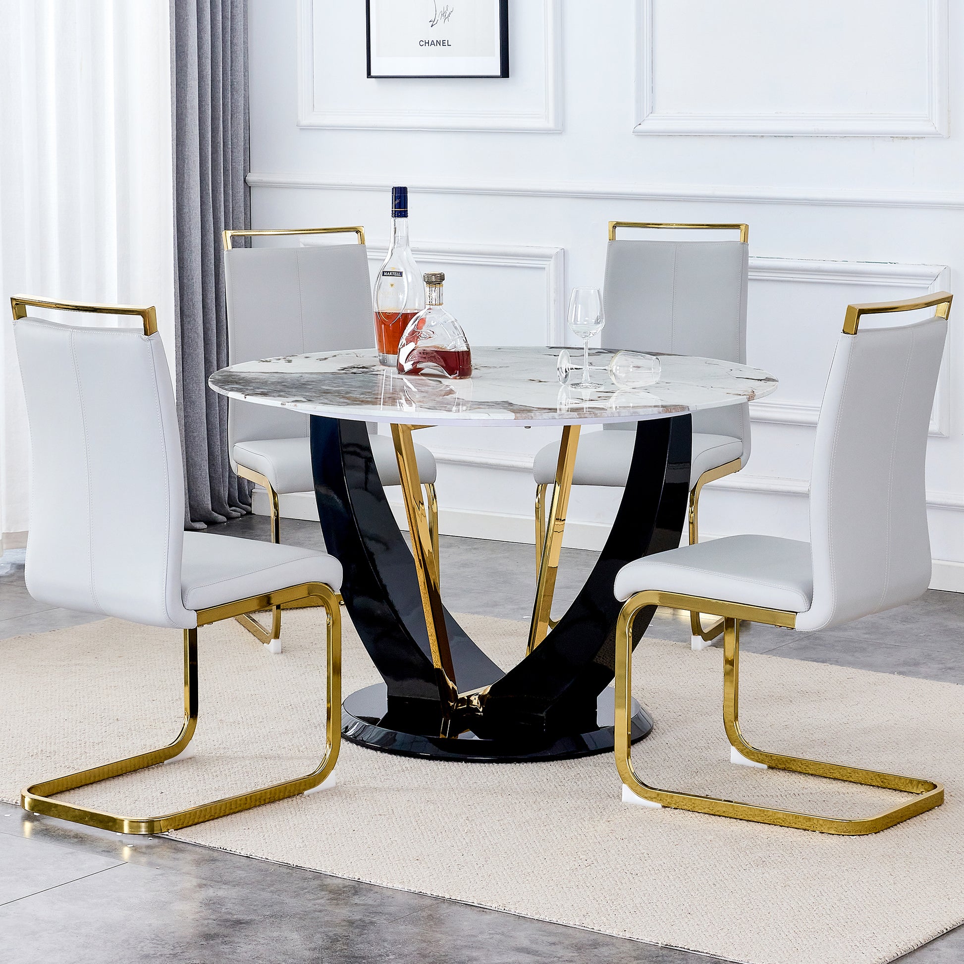 Table And Chair Set. 1 Table And 4 Chairs. Round Pandora Style Stone Burning Tabletop With Black Mdf Legs. Paired With 4 Chairs With Pu Light Gray Cushions And Golden Legs.908 1162 White Sintered Stone