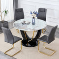 Table And Chair Set. 1 Table And 4 Chairs. Round Pandora Style Stone Burning Tabletop With Black Mdf Legs. Paired With 4 Chairs With Pu Grey Cushions And Golden Legs.908 001 White Sintered Stone