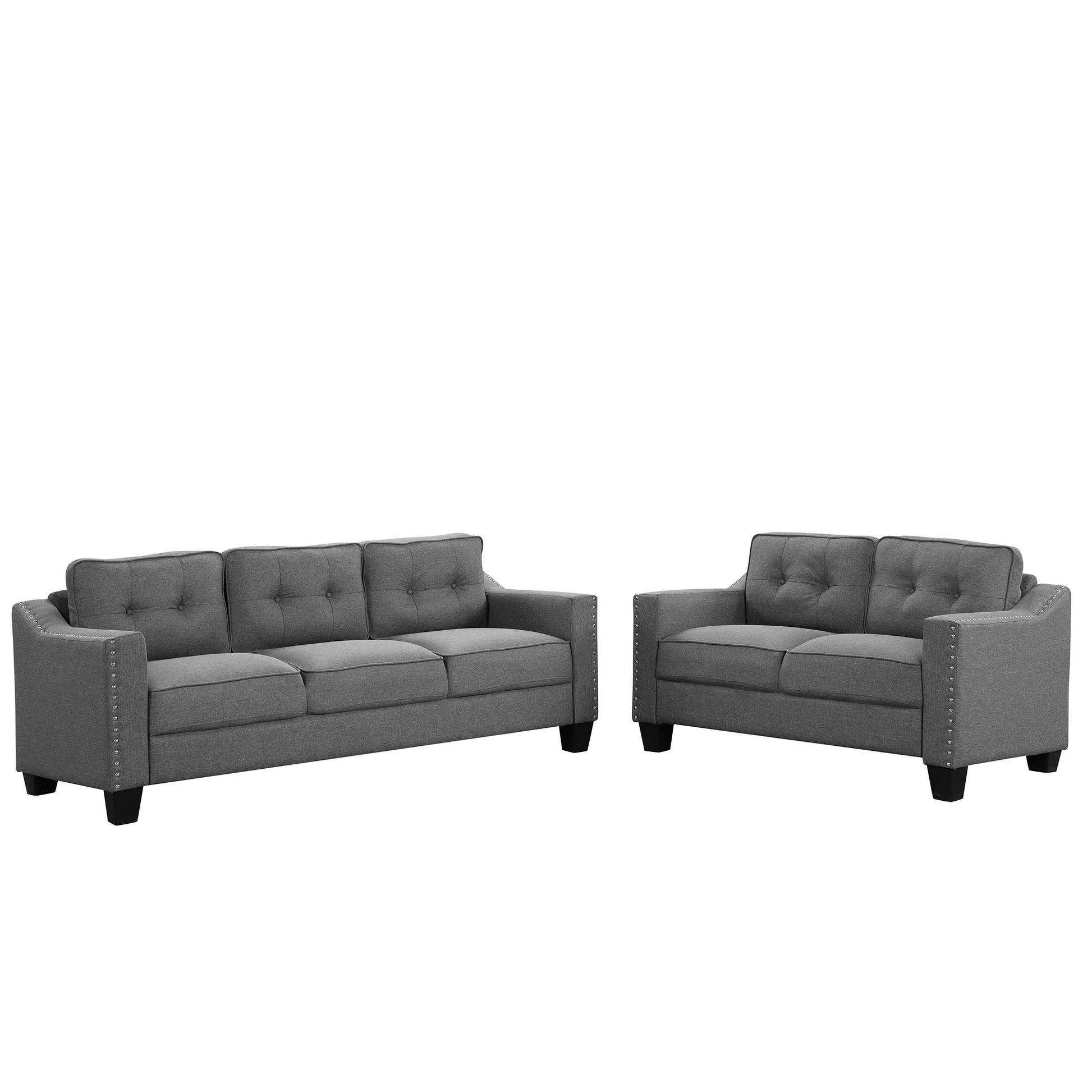 3 Piece Living Room Set With Tufted Cushions. Gray Linen