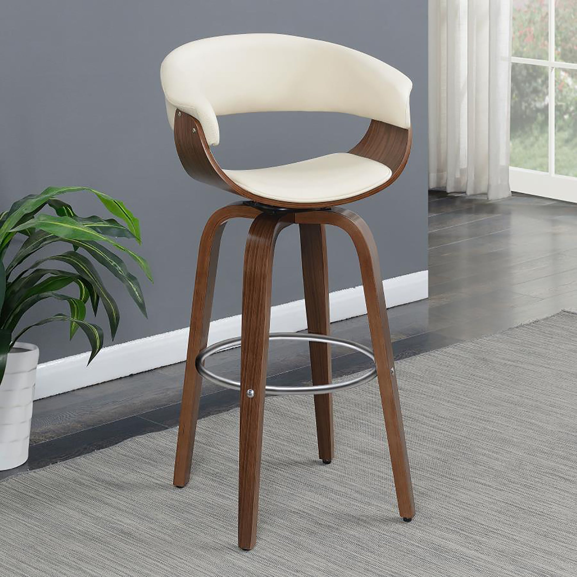 Walnut And Ecru Swivel Bar Stool Solid Cream Brown Dining Room Foam Spot Clean Mid Century Modern Bar Stools Walnut Open Back Foam Faux Leather