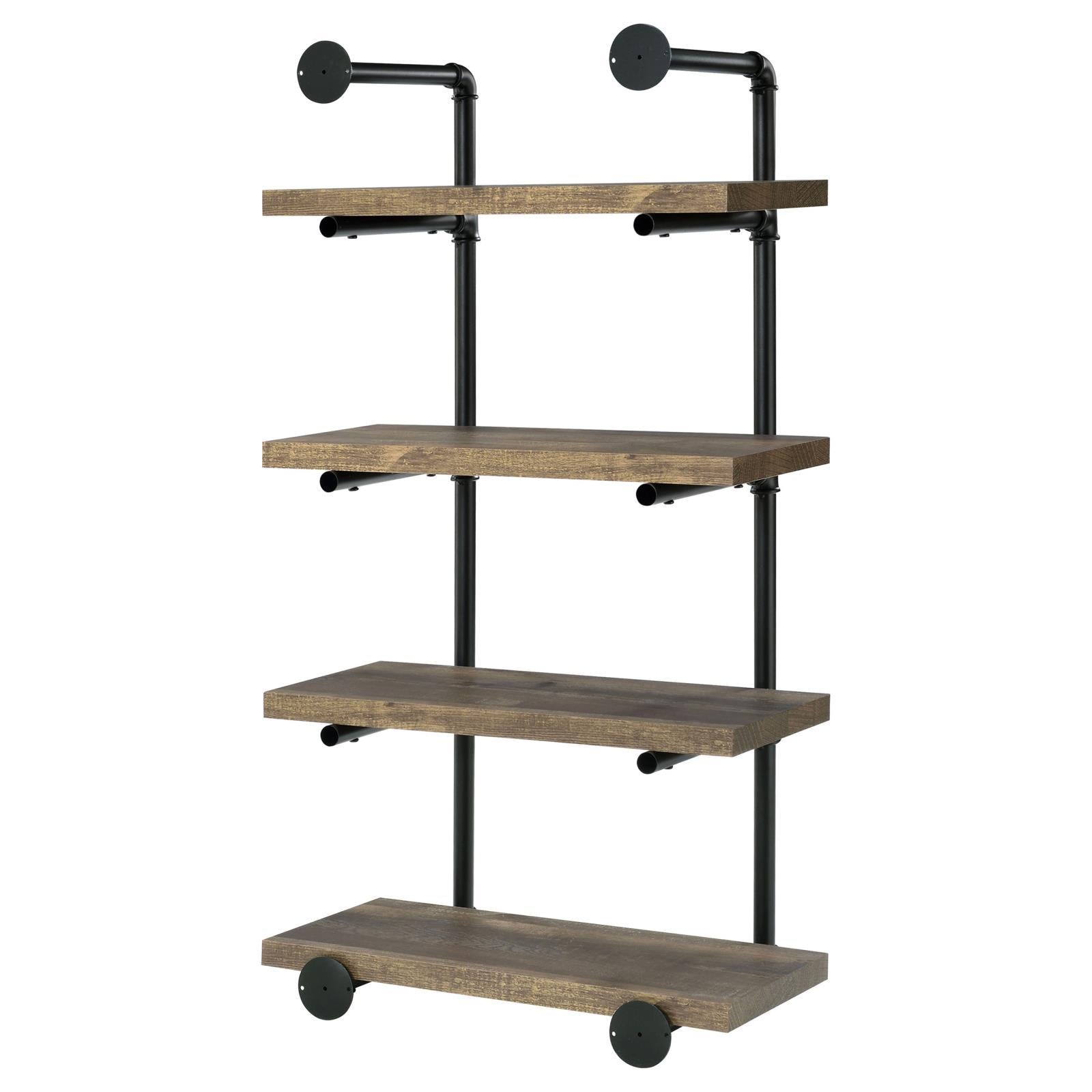 Black And Rustic Oak 4 Tier Wall Shelf 4 Black Brown Brown Vertical Office Open Back Wood Farmhouse,Rustic Wall Mounted Wood Metal