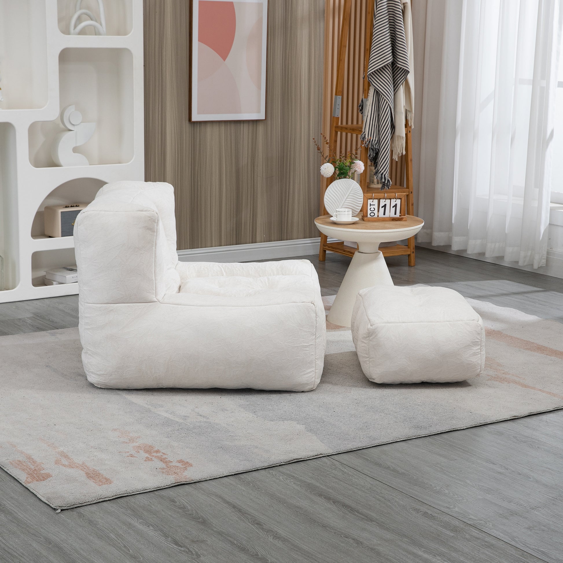 Fluffy Bean Bag Chair, Comfortable Bean Bag For Adults And Children, Super Soft Lazy Sofa Chair With Memory Foam And Ottoman, Indoor Modern Focus Bean Bag Chair For Living Room, Bedroom, Apartment White Velvet