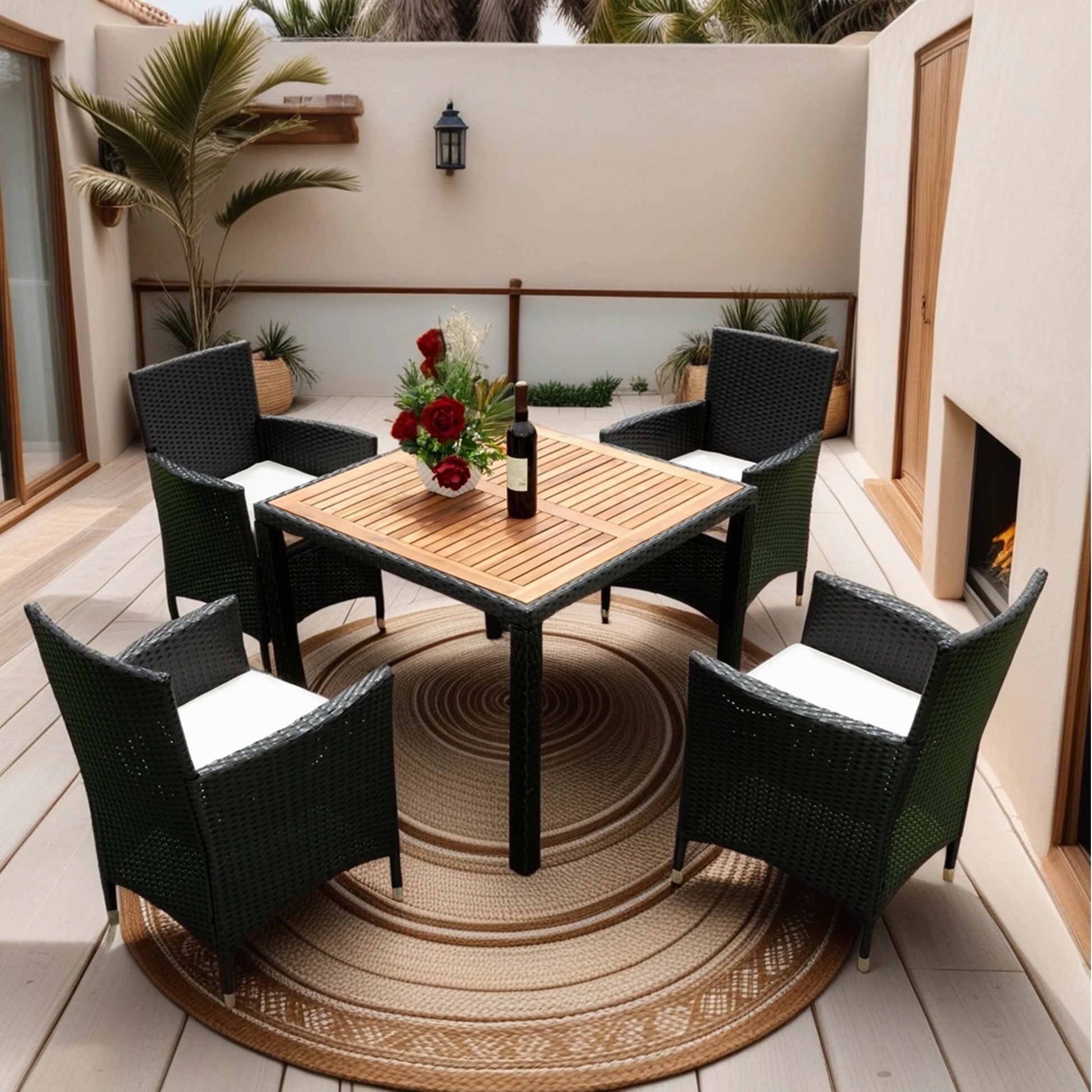 5 Piece Outdoor Patio Wicker Dining Set Patio Wicker Furniture Dining Set W Acacia Wood Top Black Wicker Creme Cushion Yes Dining Set Black Cream Rust Resistant Frame Mildew Resistant Cushion Garden & Outdoor Modern Multiple Chairs Seating Group Fiber