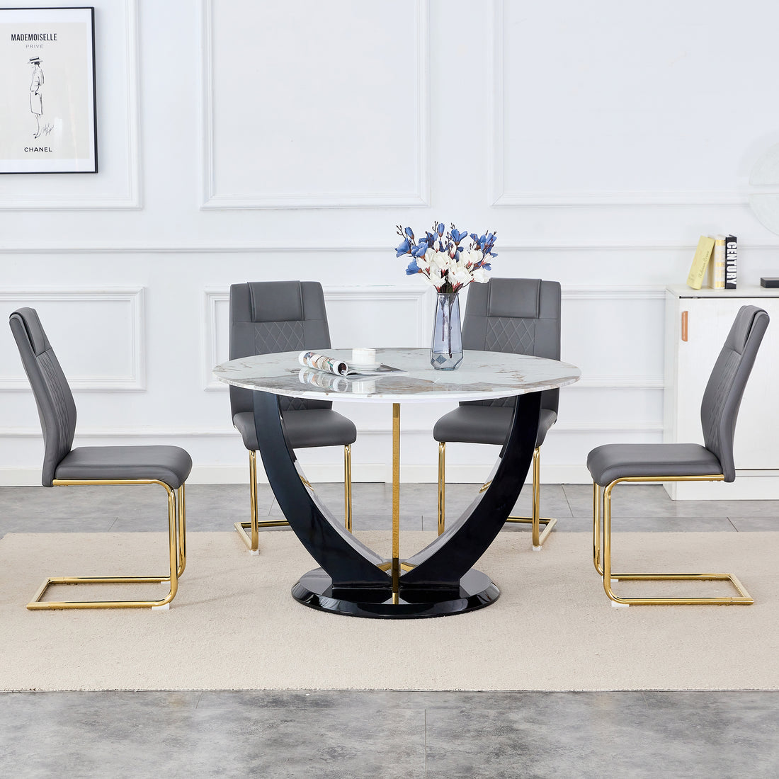 Table And Chair Set. 1 Table And 4 Chairs. Round Pandora Style Stone Burning Tabletop With Black Mdf Legs. Paired With 4 Chairs With Pu Grey Cushions And Golden Legs.908 001 White Sintered Stone