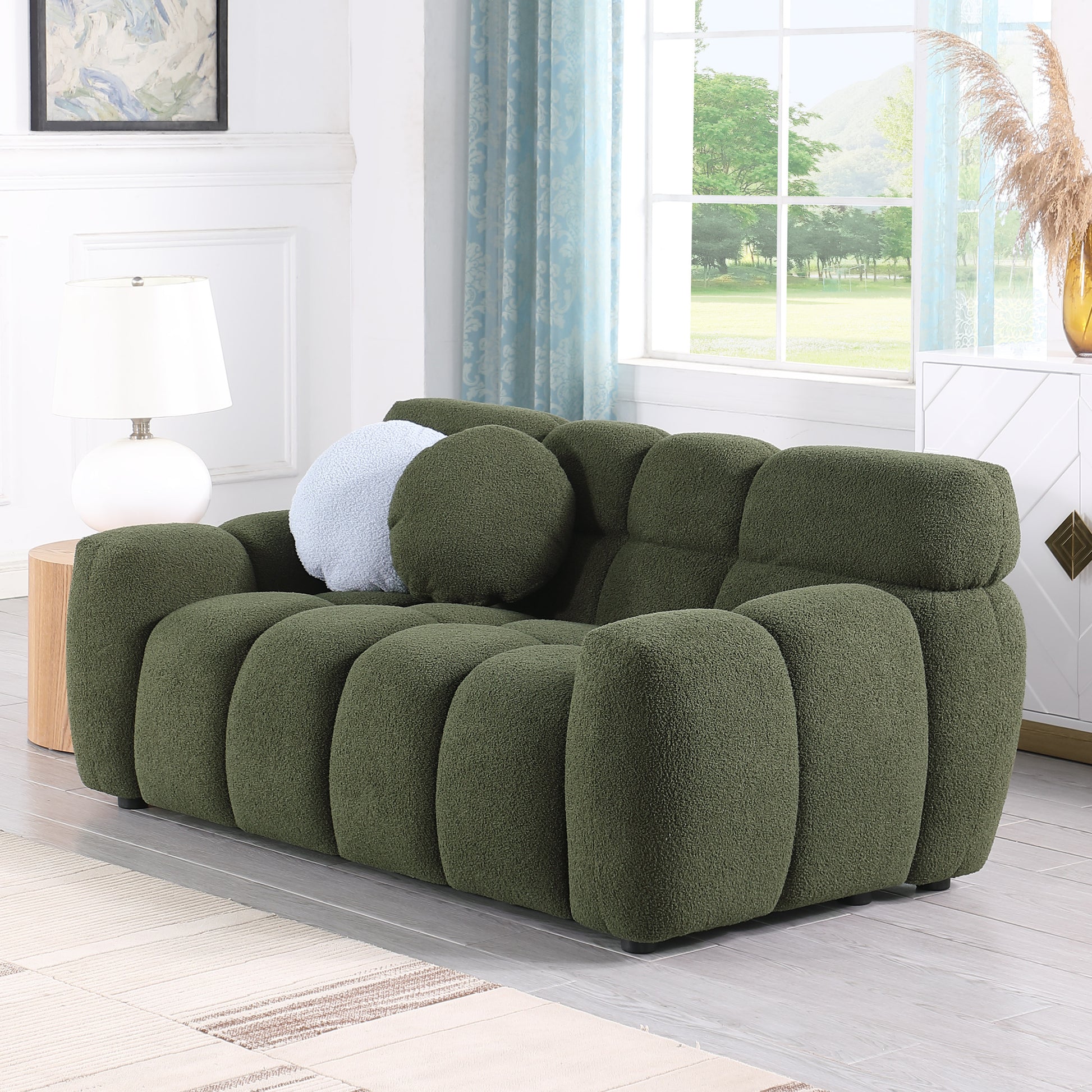 64.96 Length ,35.83" Deepth ,Human Body Structure For Usa People, Marshmallow Sofa,Boucle Sofa ,2 Seater, Olive Green Boucle Olive Green Light Brown Wood Primary Living Space Medium Soft Split Back Eucalyptus Rolled Arms Boucle 3 Seat