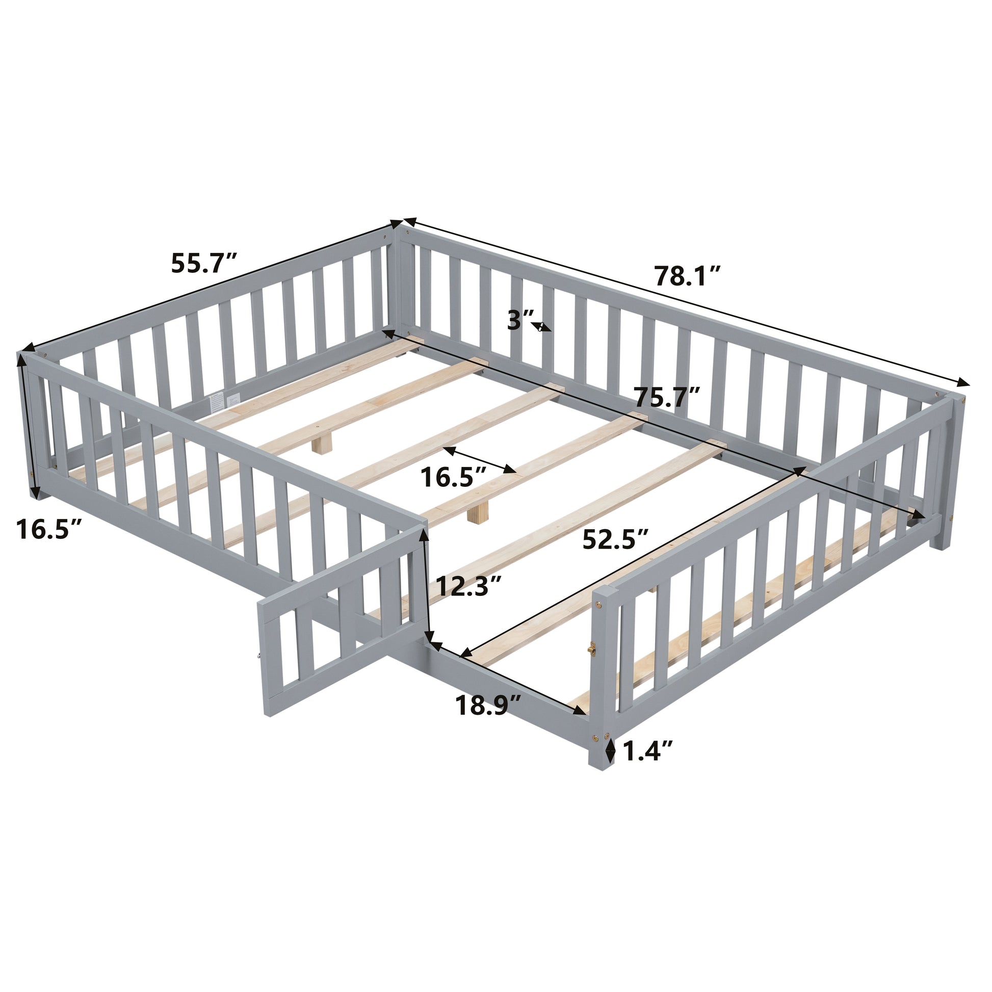 Full Size Floor Platform Bed With Fence And Door For Kids, Montessori Floor Bed Frame With Support Slats For Toddlers, Wooden Floor Bed Grey Grey Plywood