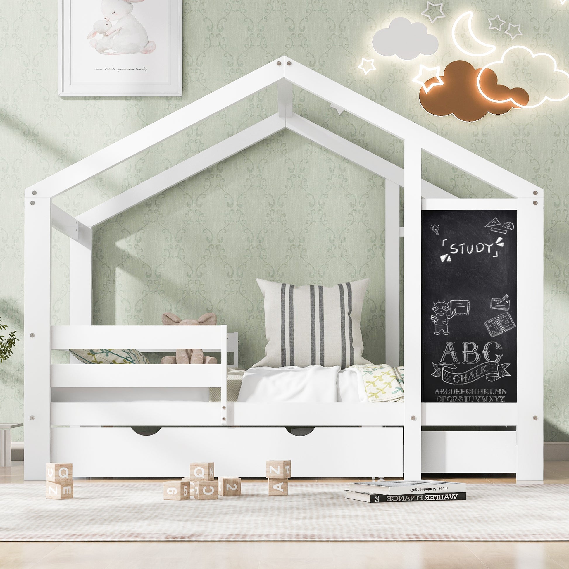 Full House Bed With Blackboard And Drawers, Two Assembly Options, White Full White Wood