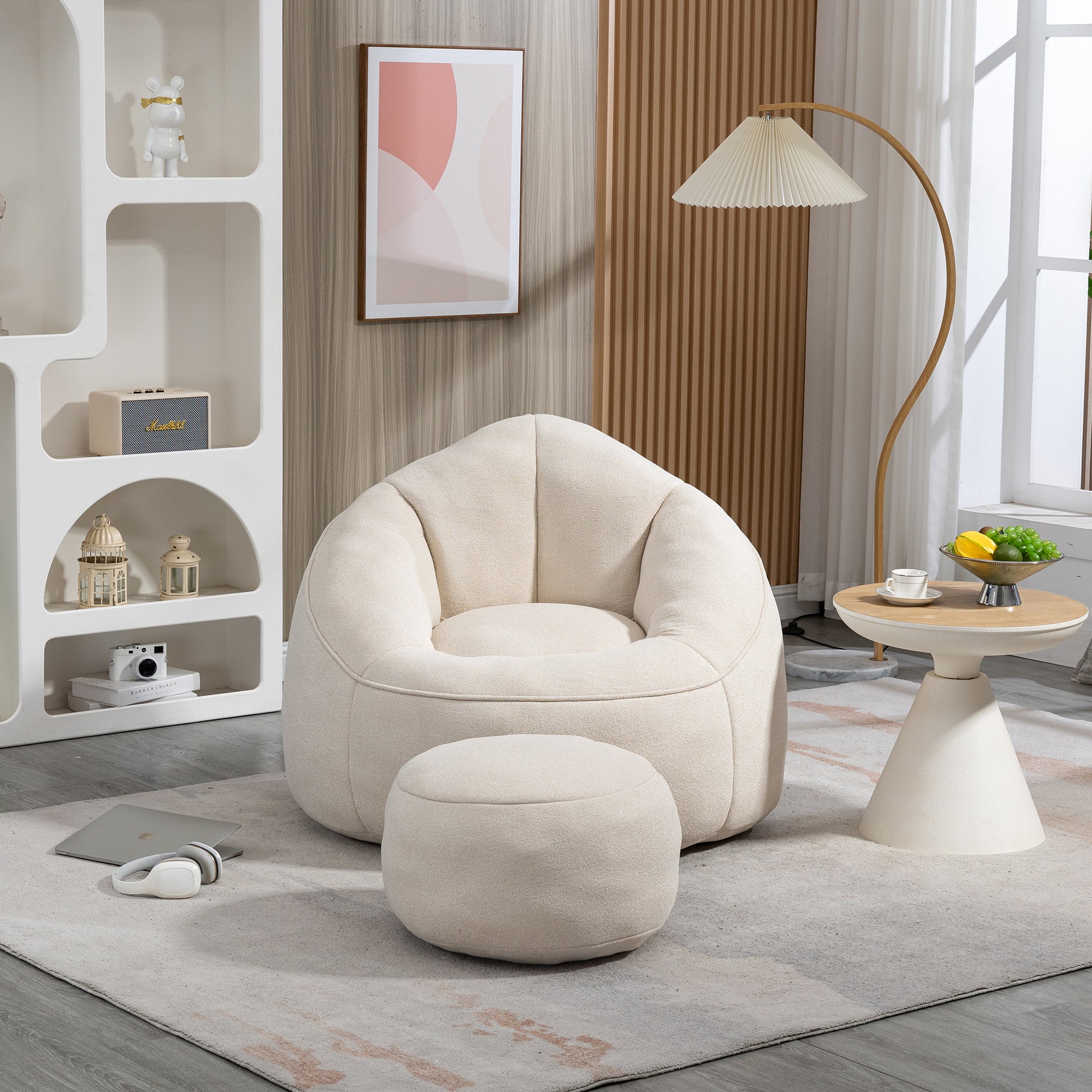 Bedding Bean Bag Sofa Chair High Pressure Foam Bean Bag Chair Adult Material With Padded Foam Padding Compressed Bean Bag With Footrest Beige Microfiber