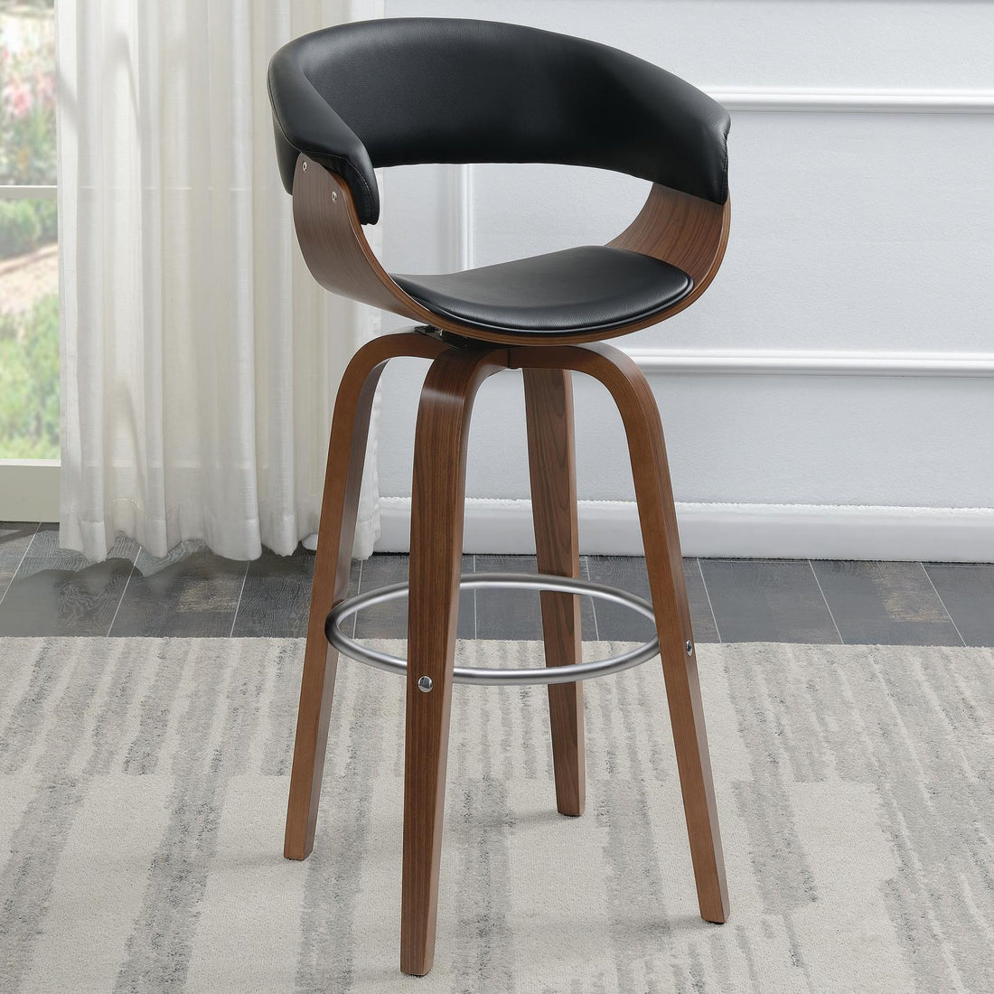 Walnut And Black Swivel Bar Stool Solid Walnut Brown Dining Room Foam Spot Clean Mid Century Modern Bar Stools Walnut Open Back Foam Faux Leather