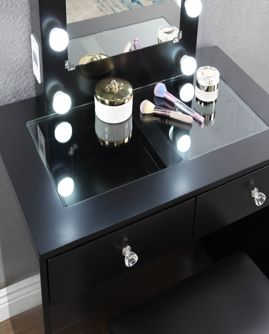 Black Makeup Vanity And Stool Set With 10 Lights And Usb Port And Power Outlet, 2X Drawers Luxurious Style Furniture Black Drawer 2 Drawers Bedroom Luxury,Modern Wood