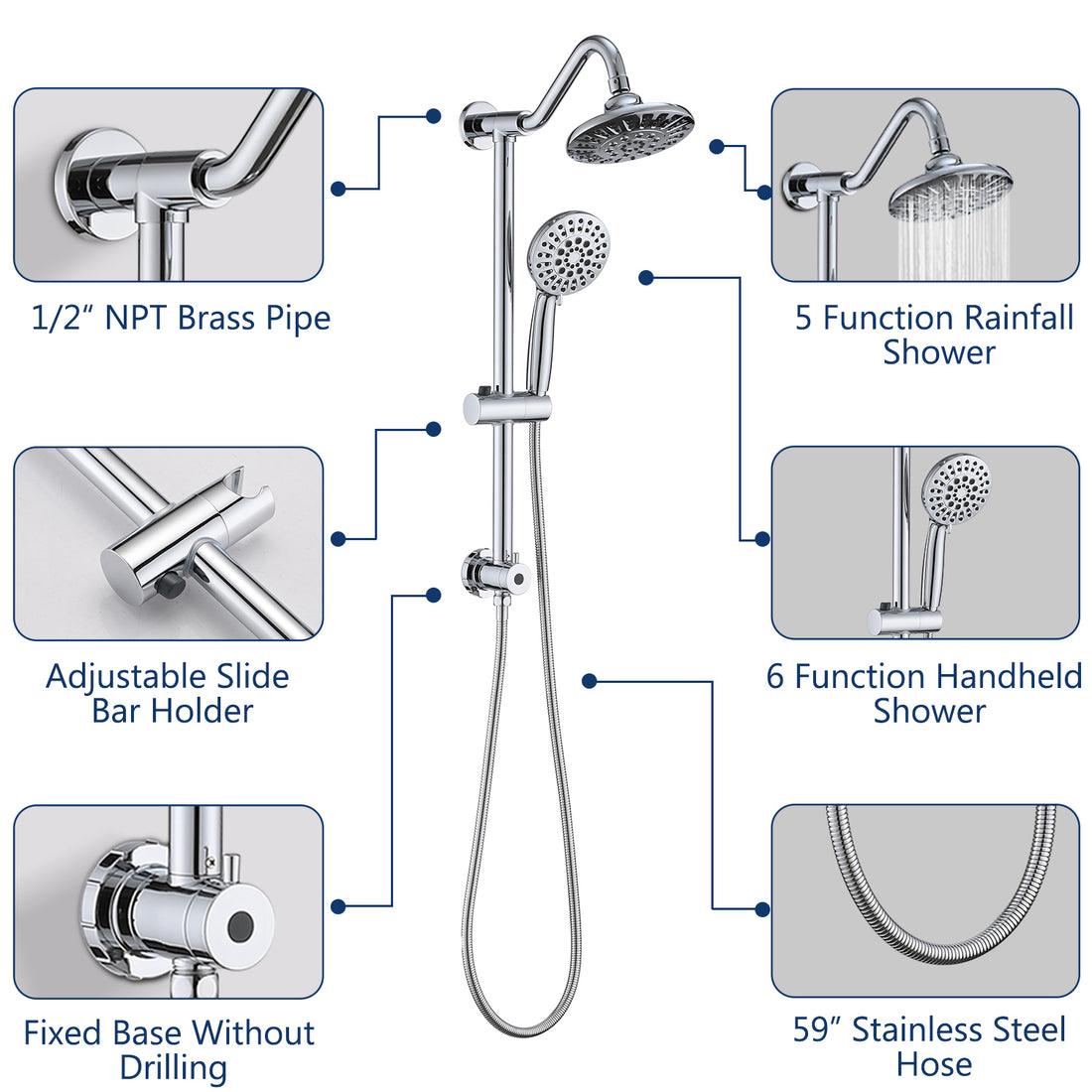 6" Rain Shower Head With Handheld Shower Head Bathroom Rain Shower System Chrome Stainless Steel