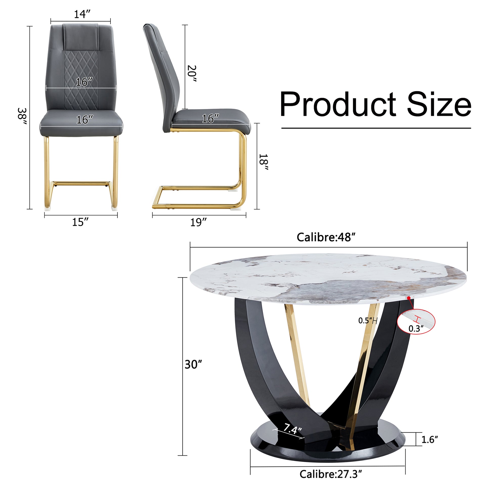 Table And Chair Set. 1 Table And 4 Chairs. Round Pandora Style Stone Burning Tabletop With Black Mdf Legs. Paired With 4 Chairs With Pu Grey Cushions And Golden Legs.908 001 White Sintered Stone