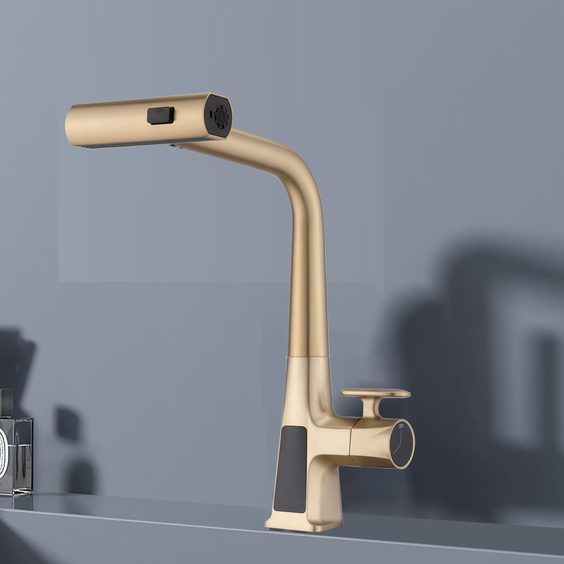 Brushed Gold Waterfall Kitchen Faucet With Temperature Display, Single Handle Kitchen Faucet With Pull Down Sprayer, Modern Kitchen Sink Faucet, Three Water Outlet Modes Brushed Gold Zinc