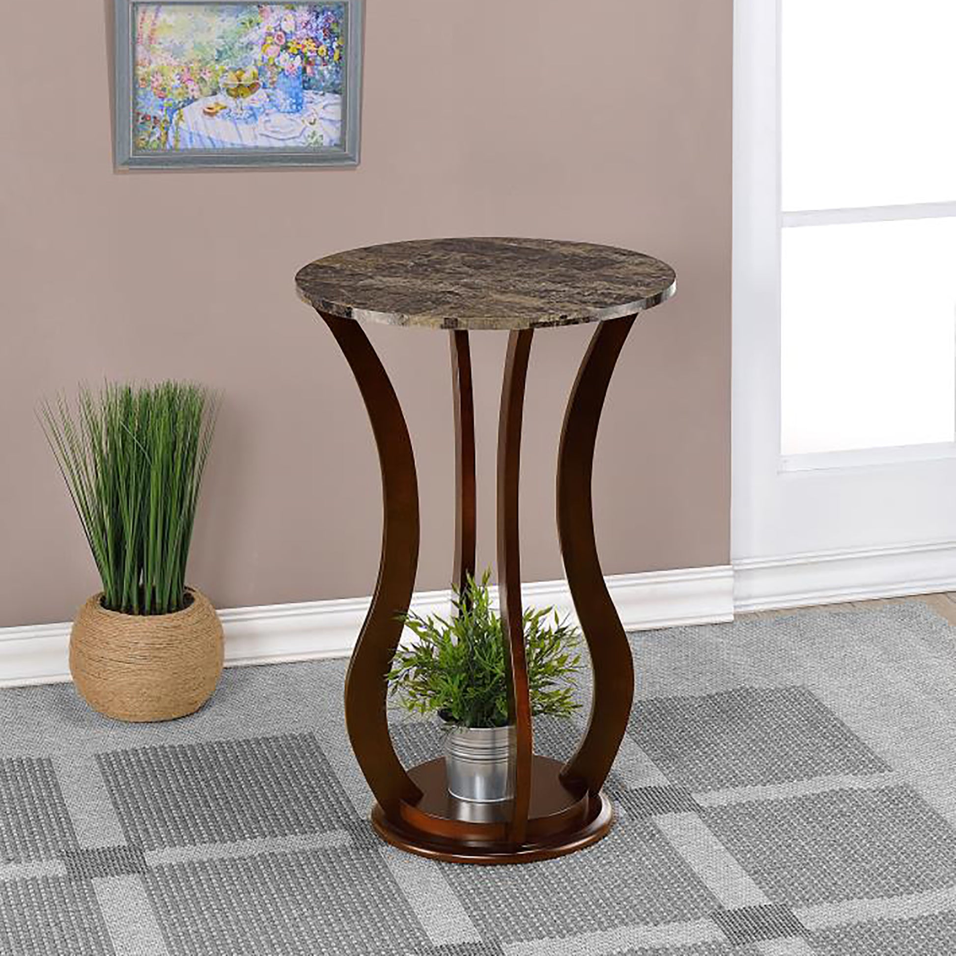 Brown Round Accent Table With Faux Marble Top Brown Brown Primary Living Space Traditional Rubberwood Shelves Coffee & End Tables Wood