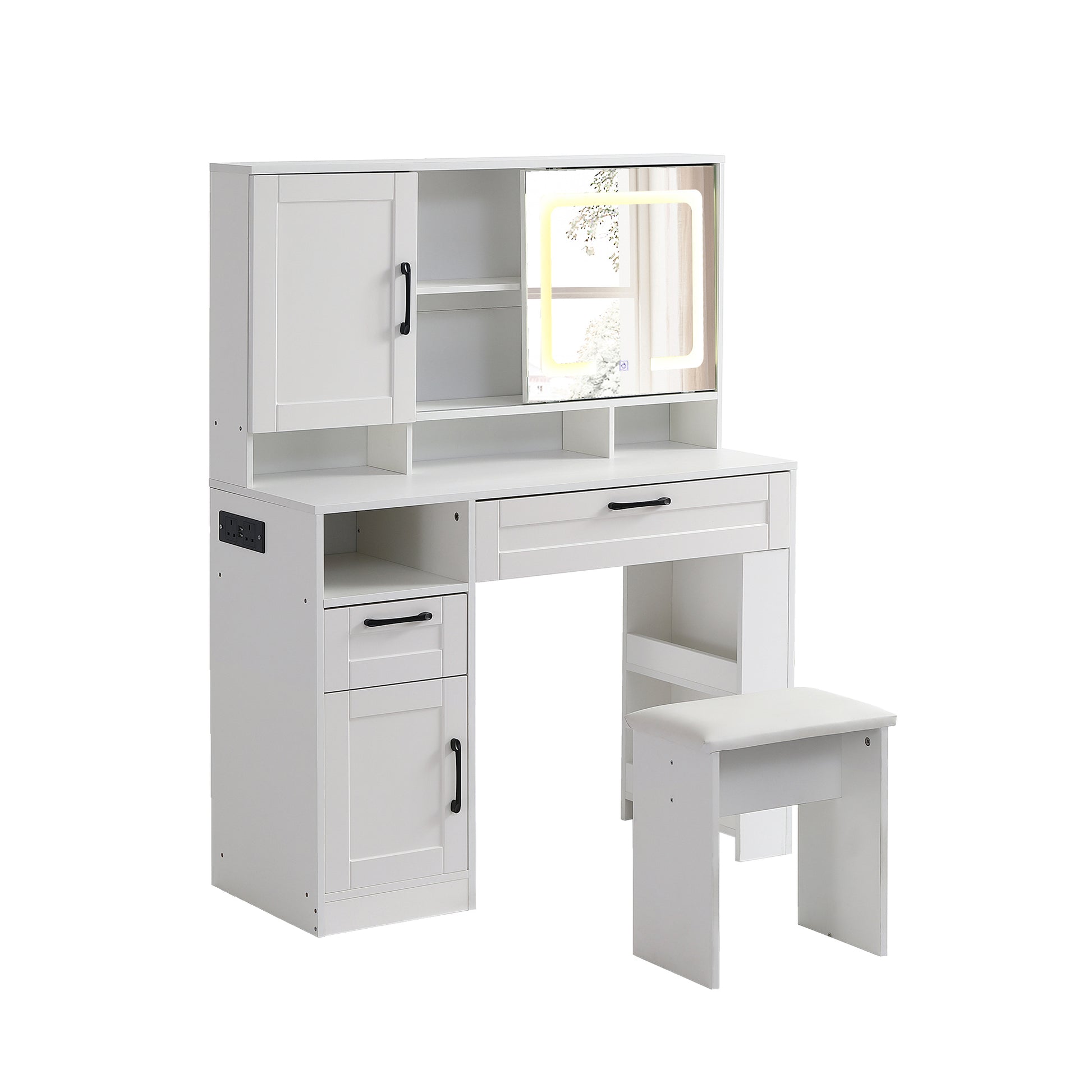 Vanity Table With Large Sliding Lighted Mirror, Dressing Table With 2 Drawers, Storage Shelves And Upholstered Stool, White Color Antique White Particle Board