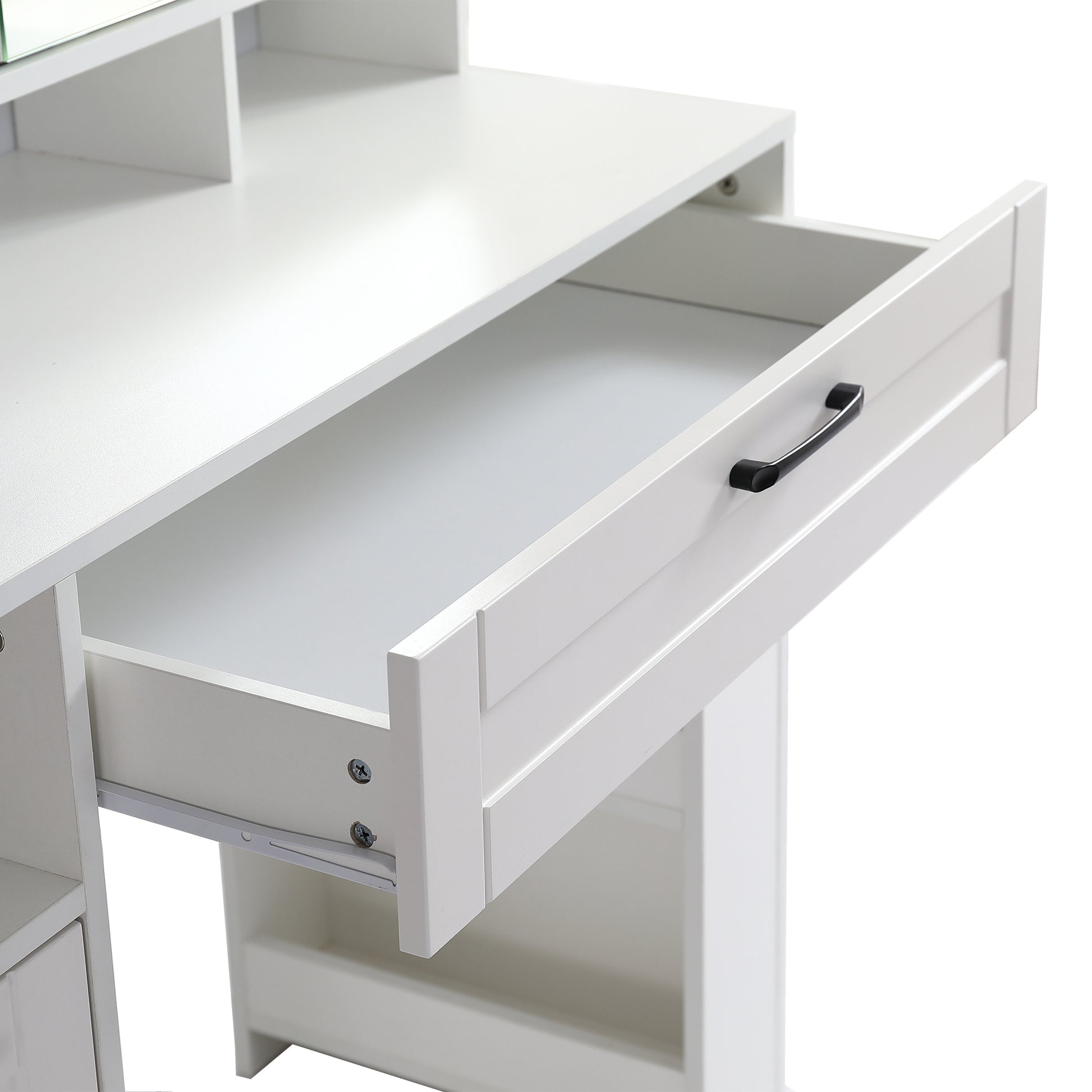 Vanity Table With Large Sliding Lighted Mirror, Dressing Table With 2 Drawers, Storage Shelves And Upholstered Stool, White Color Antique White Particle Board