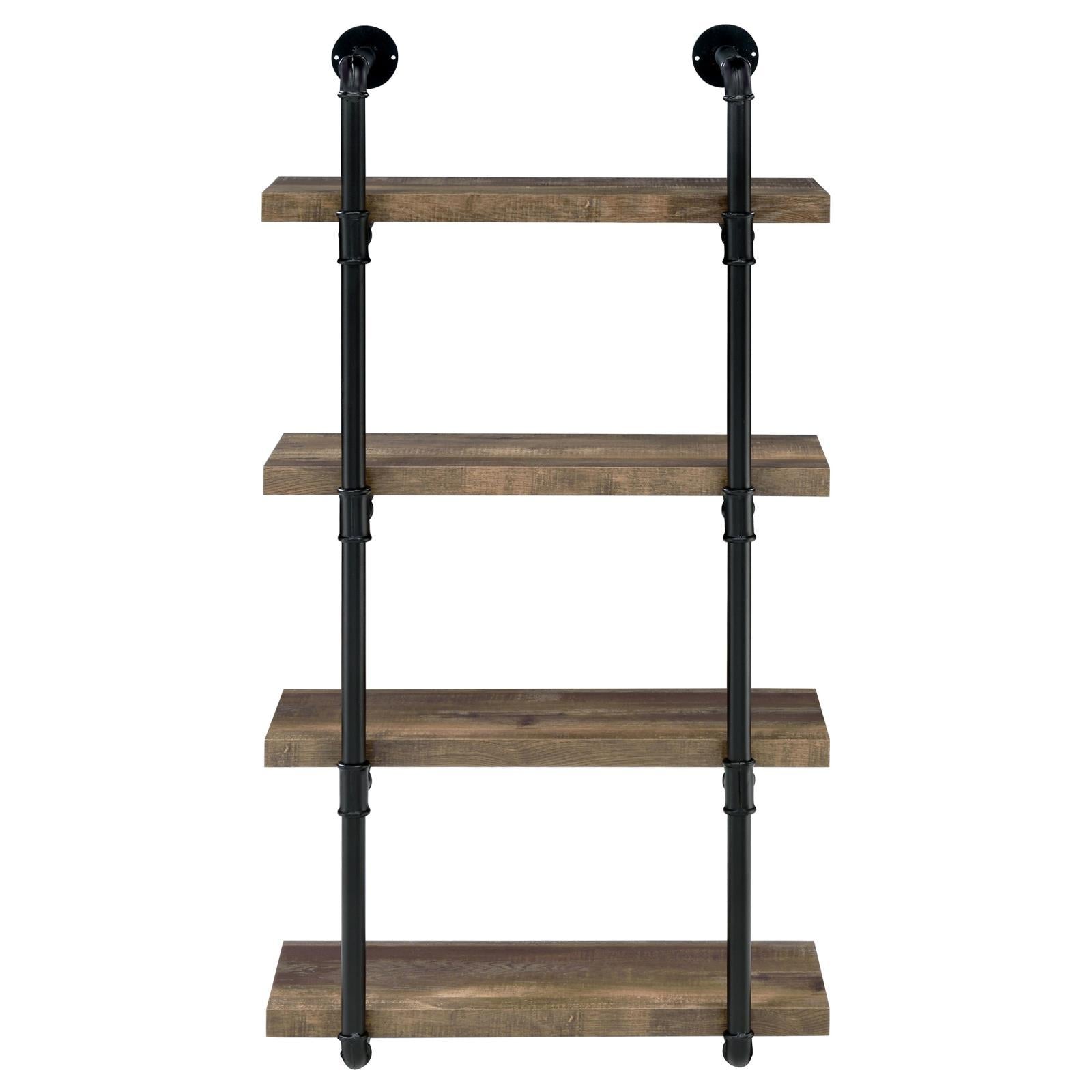 Black And Rustic Oak 4 Tier Wall Shelf 4 Black Brown Brown Vertical Office Open Back Wood Farmhouse,Rustic Wall Mounted Wood Metal