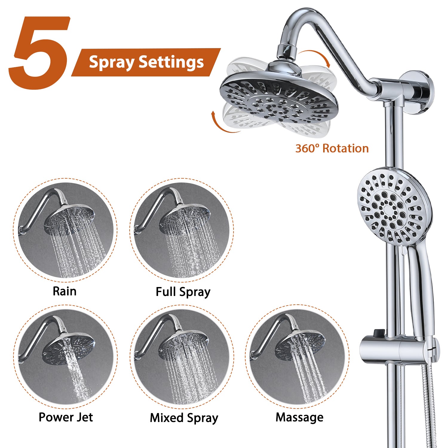 6" Rain Shower Head With Handheld Shower Head Bathroom Rain Shower System Chrome Stainless Steel