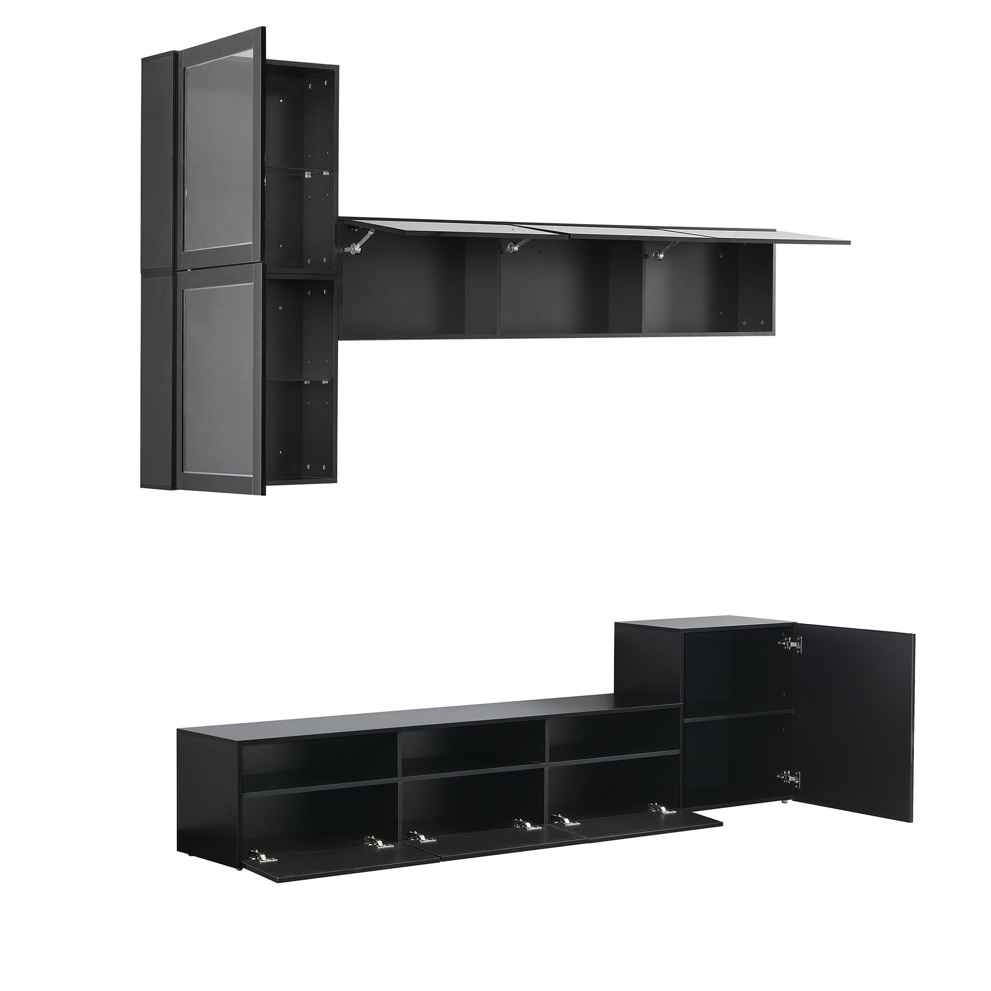 High Gloss Tv Stand With Large Storage Space, Media Console For Tvs Up To 78", Versatile Entertainment Center With Wall Mounted Floating Storage Cabinets For Living Room, Black Black Primary Living Space 70 79 Inches 70 79 Inches Mdf