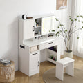 Vanity Table With Large Sliding Lighted Mirror, Dressing Table With 2 Drawers, Storage Shelves And Upholstered Stool, White Color Antique White Particle Board