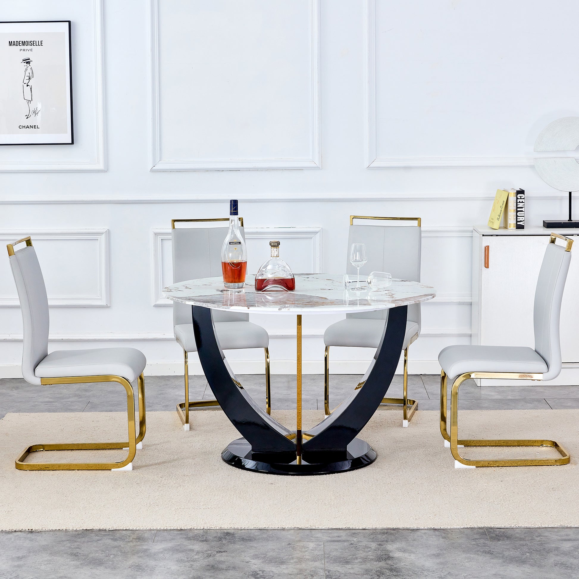 Table And Chair Set. 1 Table And 4 Chairs. Round Pandora Style Stone Burning Tabletop With Black Mdf Legs. Paired With 4 Chairs With Pu Light Gray Cushions And Golden Legs.908 1162 White Sintered Stone