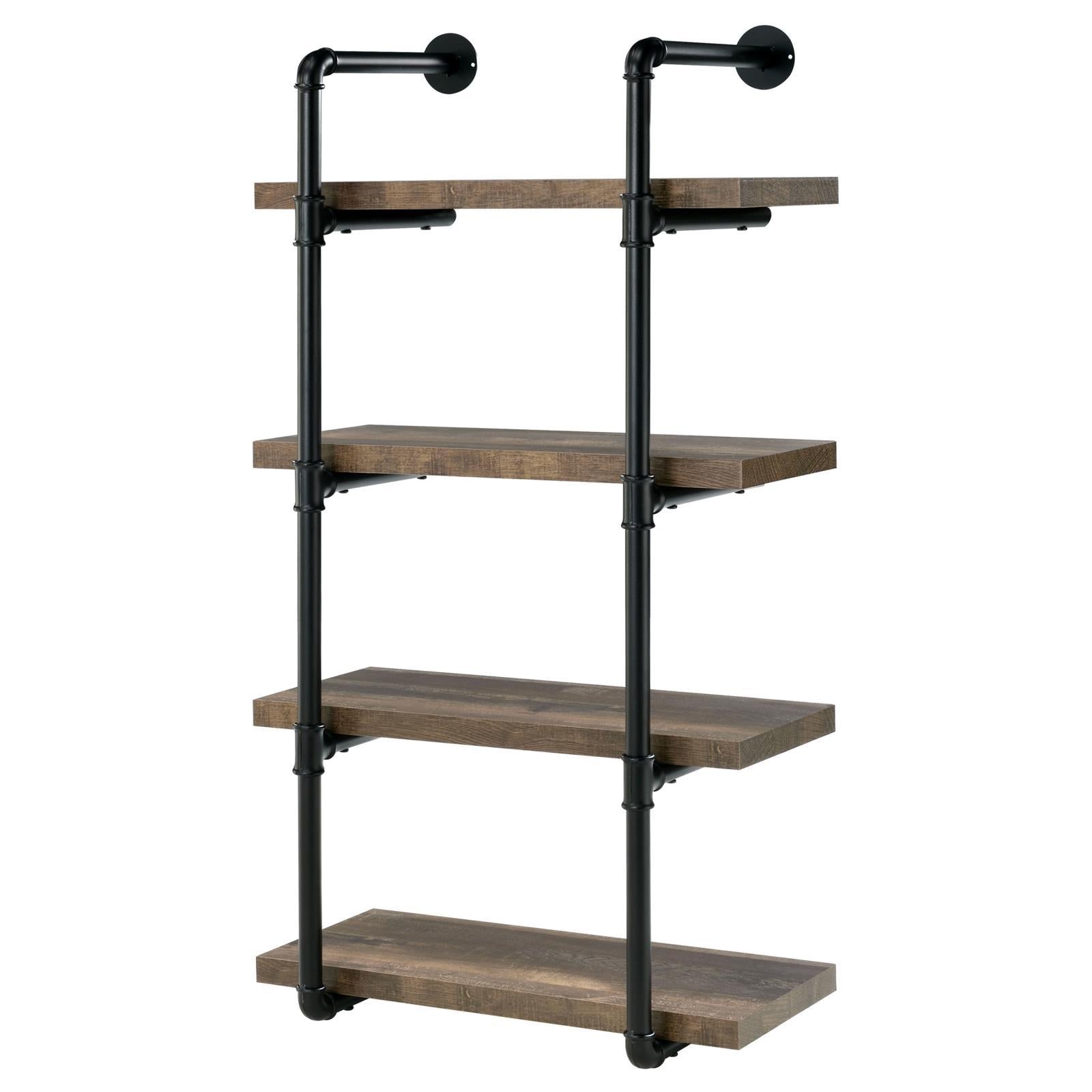 Black And Rustic Oak 4 Tier Wall Shelf 4 Black Brown Brown Vertical Office Open Back Wood Farmhouse,Rustic Wall Mounted Wood Metal