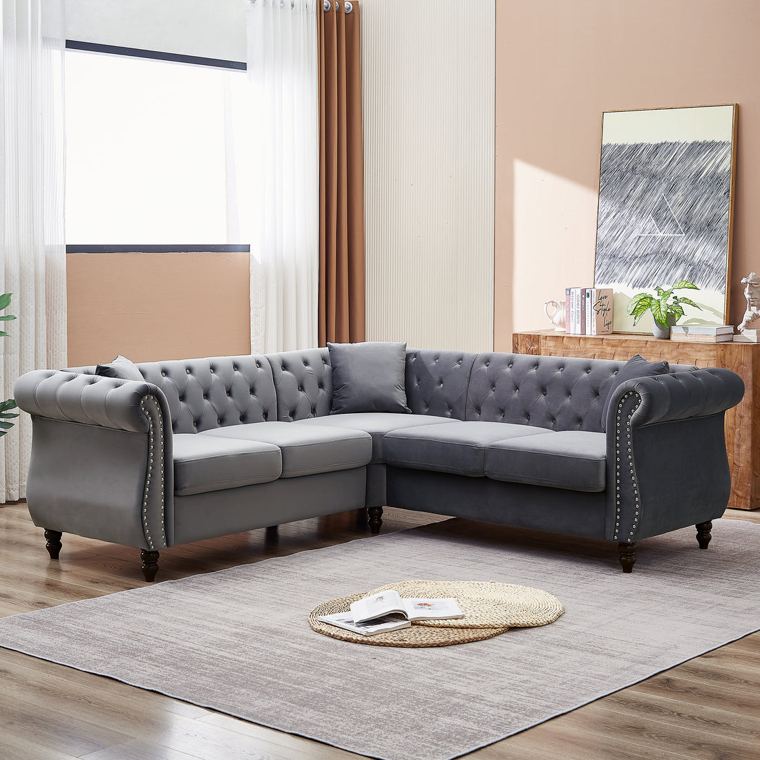 83.5 Inch Oversized Corner Sofa, L Shaped Sectional Couch,5 Seater Corner Sofas With 3 Pillows For Living Room, Bedroom, Apartment, Office Gray Foam Velvet