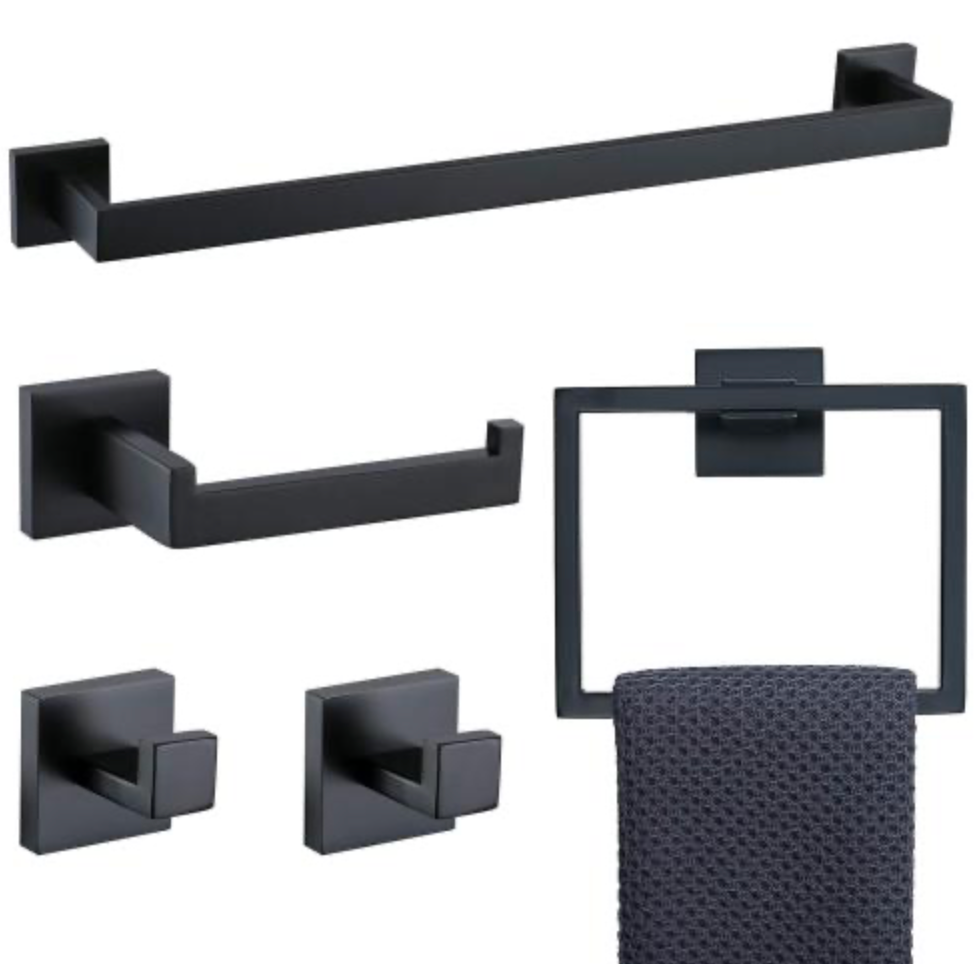 5 Pc Bathroom Accessory Set In Matte Black Towel Bar Toilet Paper Holder Hook Towel Ring Matte Black Stainless Steel