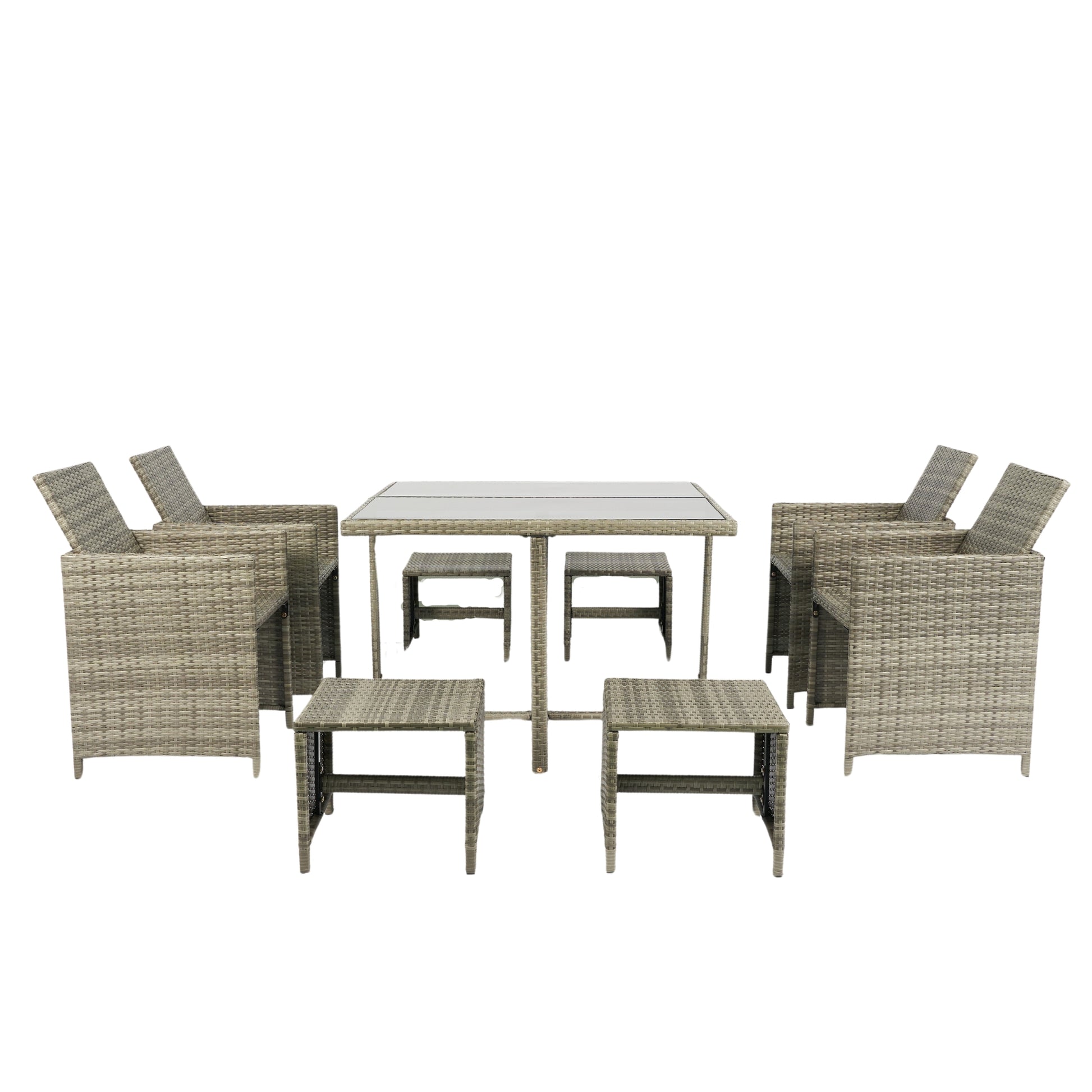 9 Pieces Patio Dining Sets Outdoor Space Saving Rattan Chairs With Glass Table Patio Furniture Sets Cushioned Seating And Back Sectional Conversation Set Grey Wicker Grey Cushion Yes Dining Set Grey Rust Resistant Frame Mildew Resistant Cushion Garden &