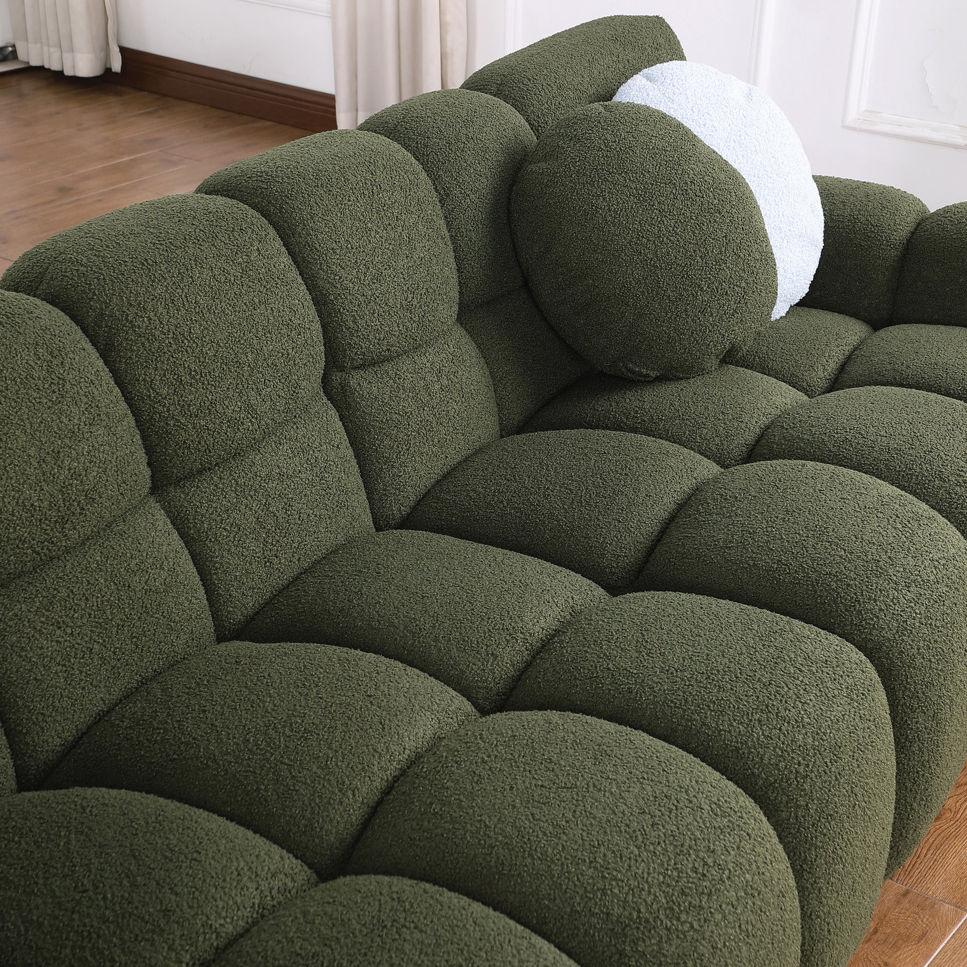 64.96 Length ,35.83" Deepth ,Human Body Structure For Usa People, Marshmallow Sofa,Boucle Sofa ,2 Seater, Olive Green Boucle Olive Green Light Brown Wood Primary Living Space Medium Soft Split Back Eucalyptus Rolled Arms Boucle 3 Seat