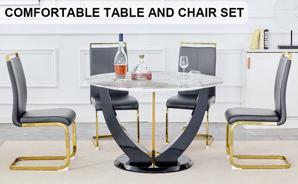 Table And Chair Set. 1 Table And 4 Chairs. Round Pandora Style Stone Burning Tabletop With Black Mdf Legs. Paired With 4 Chairs With Pu Dark Gray Cushions And Golden Legs.908 1162 White Sintered Stone