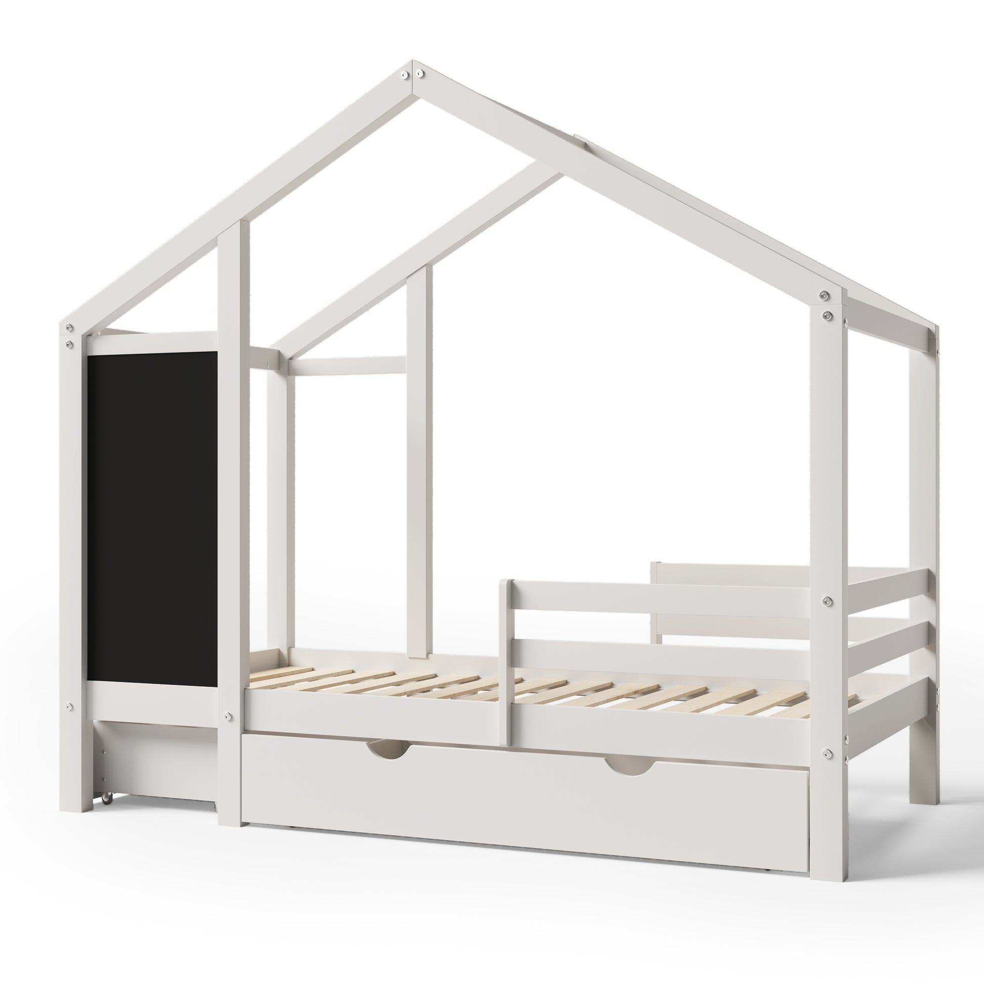 Twin House Bed With Blackboard And Drawers, Two Assembly Options, White Twin White Wood