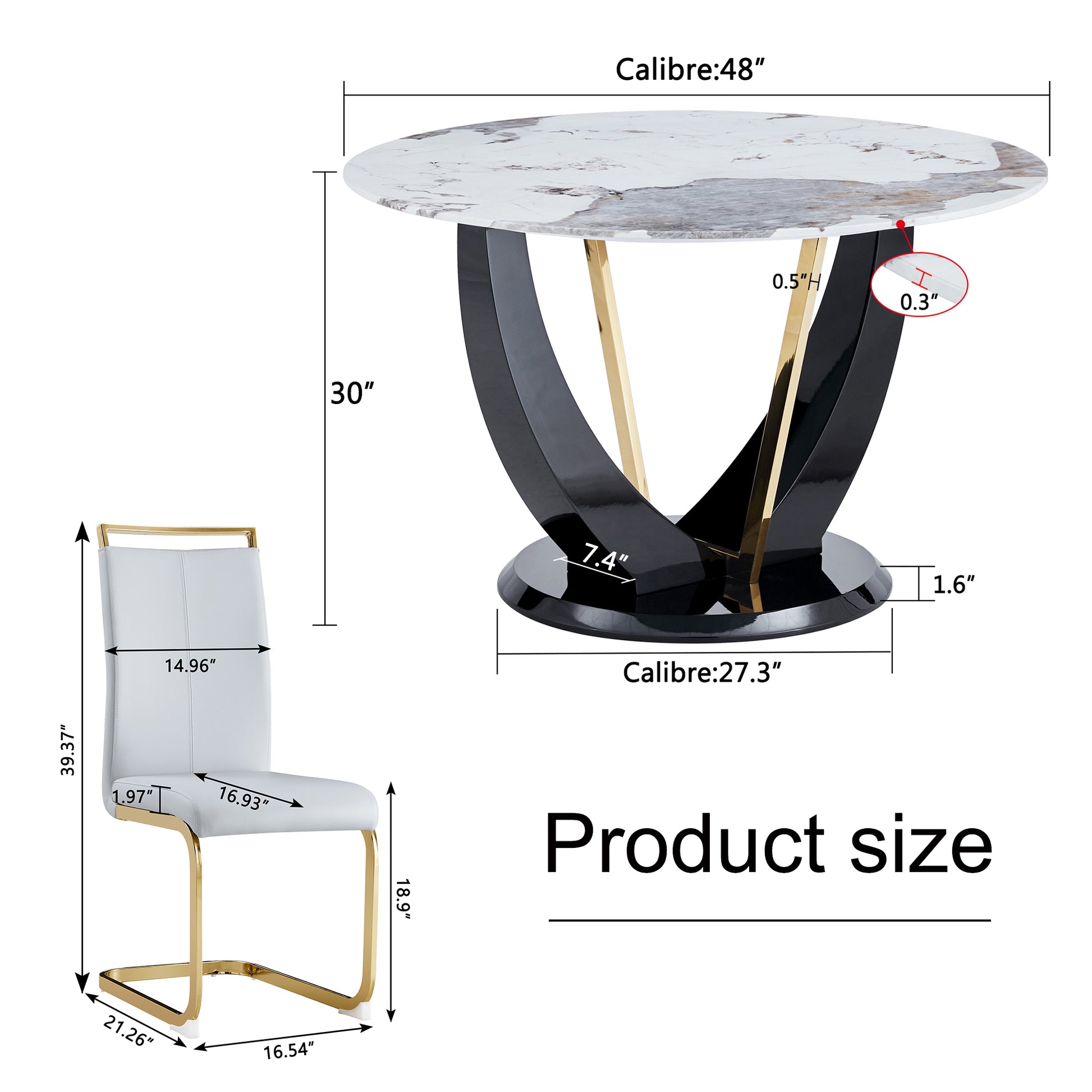 Table And Chair Set. 1 Table And 4 Chairs. Round Pandora Style Stone Burning Tabletop With Black Mdf Legs. Paired With 4 Chairs With Pu Light Gray Cushions And Golden Legs.908 1162 White Sintered Stone