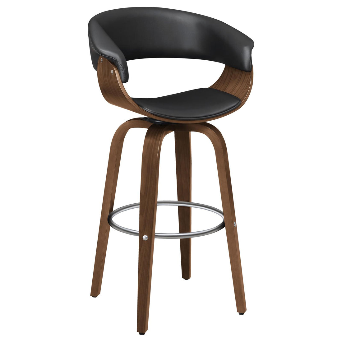 Walnut And Black Swivel Bar Stool Solid Walnut Brown Dining Room Foam Spot Clean Mid Century Modern Bar Stools Walnut Open Back Foam Faux Leather