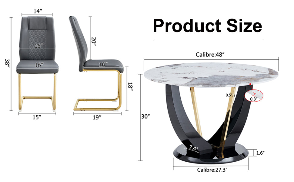 Table And Chair Set. 1 Table And 4 Chairs. Round Pandora Style Stone Burning Tabletop With Black Mdf Legs. Paired With 4 Chairs With Pu Grey Cushions And Golden Legs.908 001 White Sintered Stone